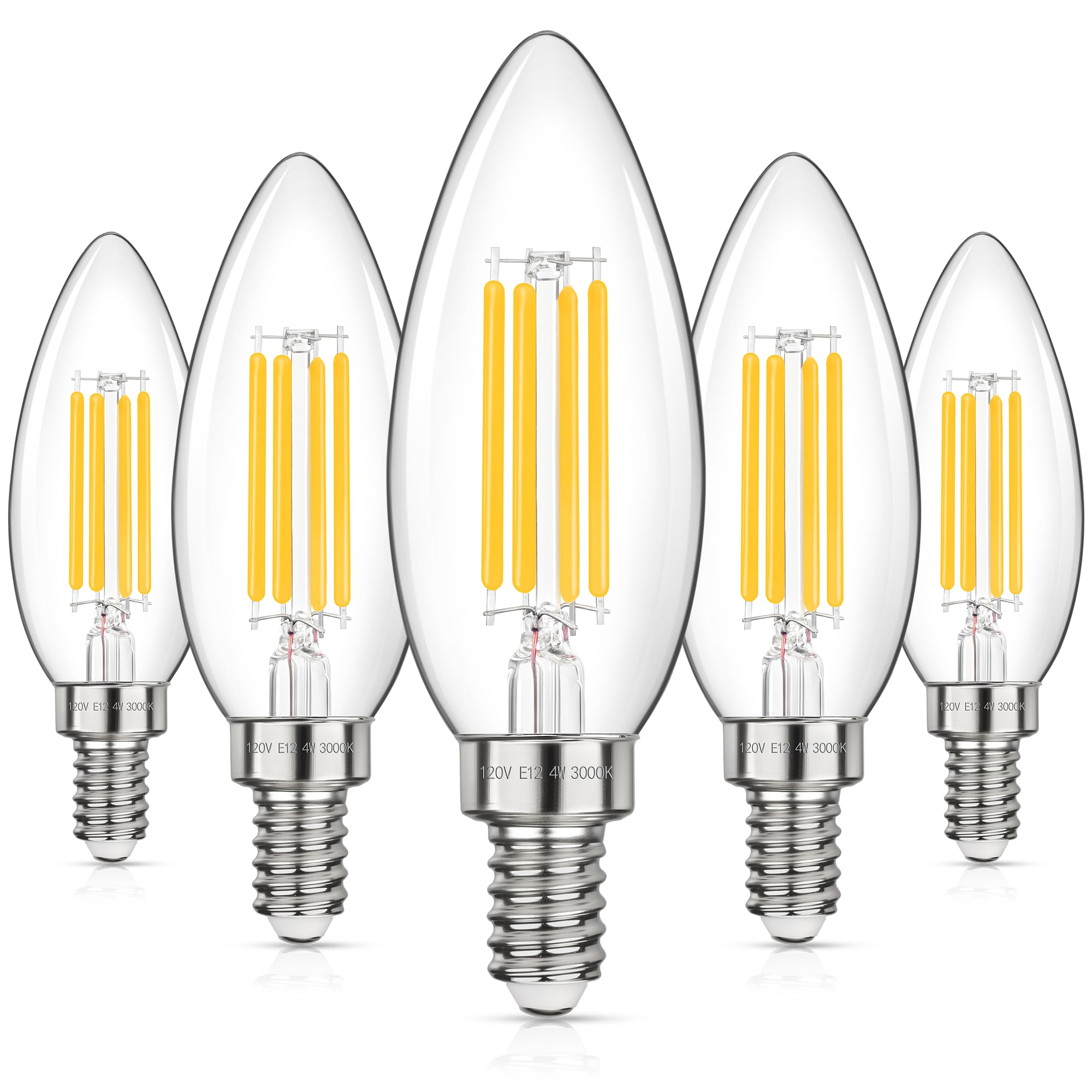 GGOYING LED Chandelier Light Bulbs, 4W B11 Filament, E12 Base, Soft White 3000K, Clear Glass, 5 Pack