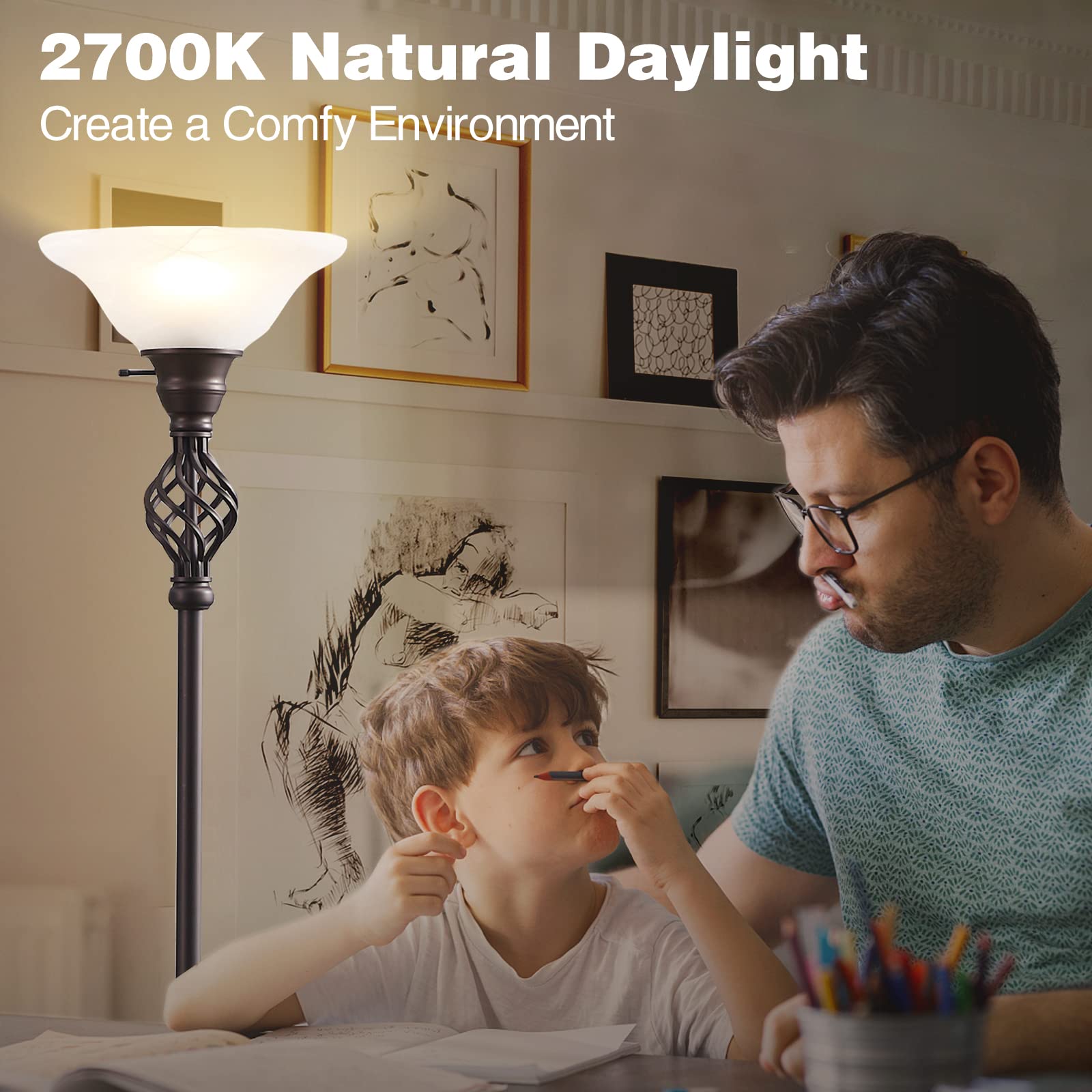 Torchiere Floor Lamp For Living Room, Led Standing Reading Light For Bedroom With Glass Shade For Living Room Corner Bedroom Hom