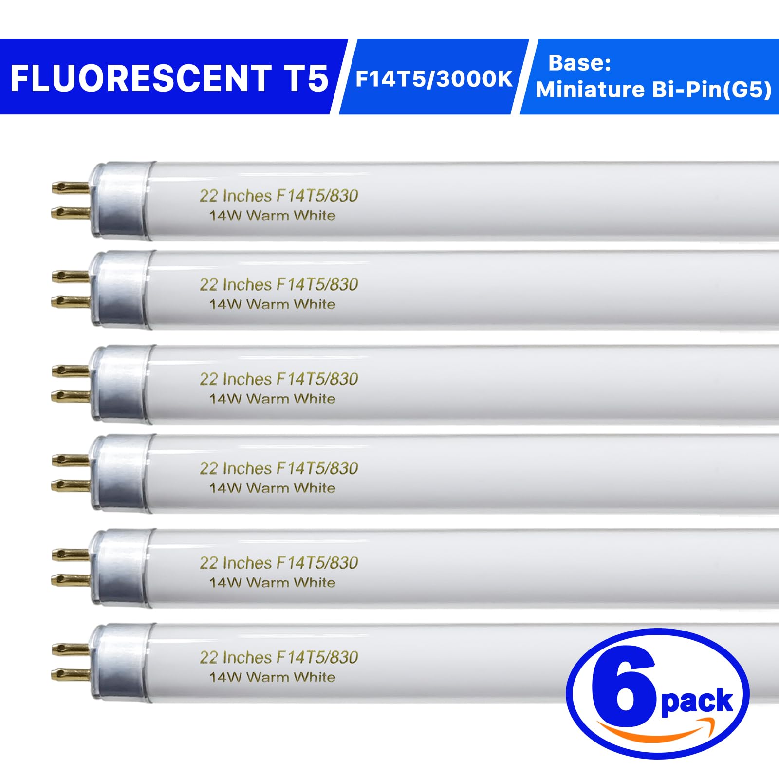 Konideke 22 Inch T5 Fluorescent Light Bulb 14W F14T5WW 3000K Warm White G5 Base 6 Pack