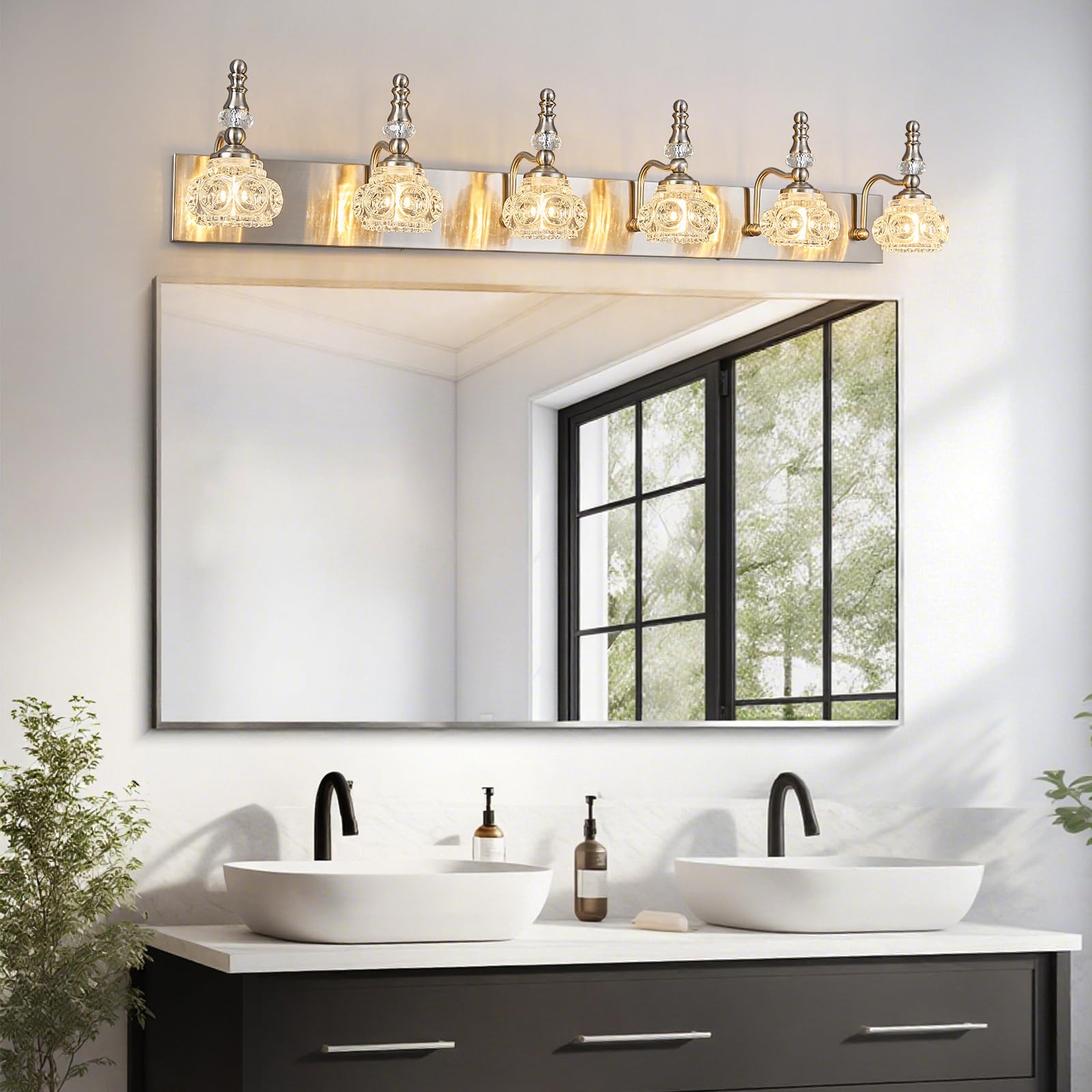 Lbsqj Modern Glass Crystal Vanity Light - Vintage Bathroom Lighting Fixtures Over Mirror  6 Light Vanity Lights G9 Bulb (43.3 Inch  Nickel)
