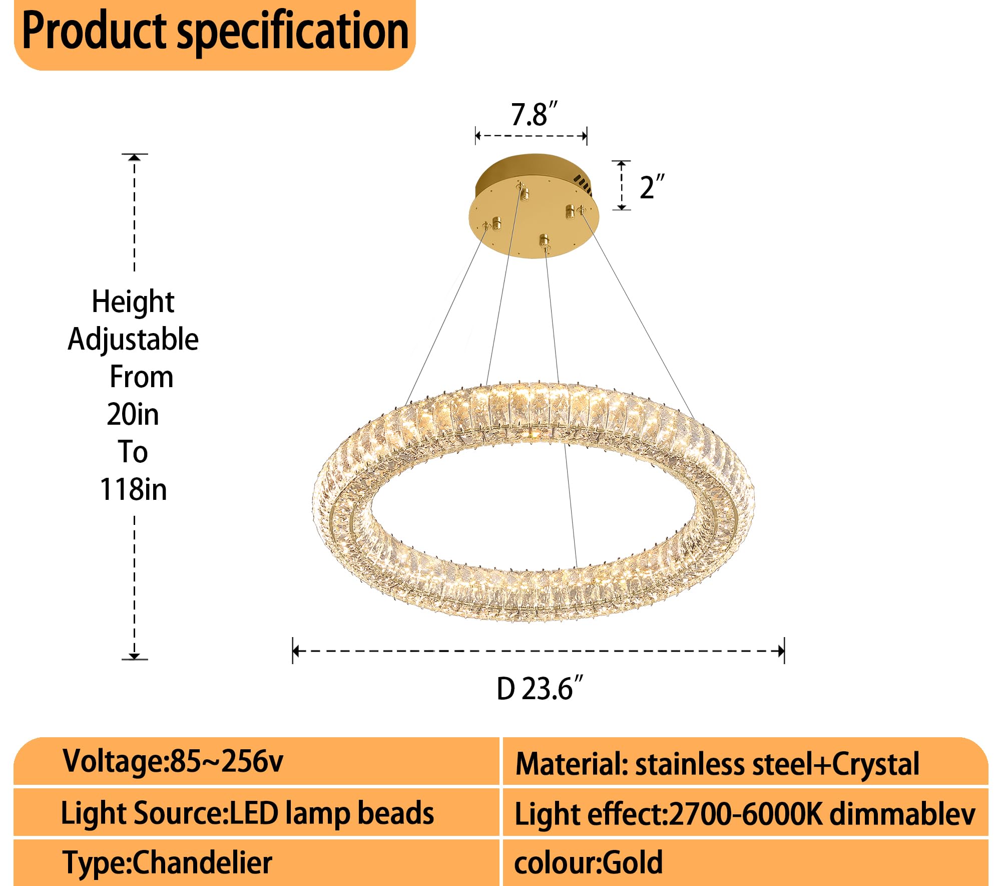 IDEQUY Modern Crystal Chandelier Pendant Light Dimmable LED 23.6in Round Gold CF8022-60J