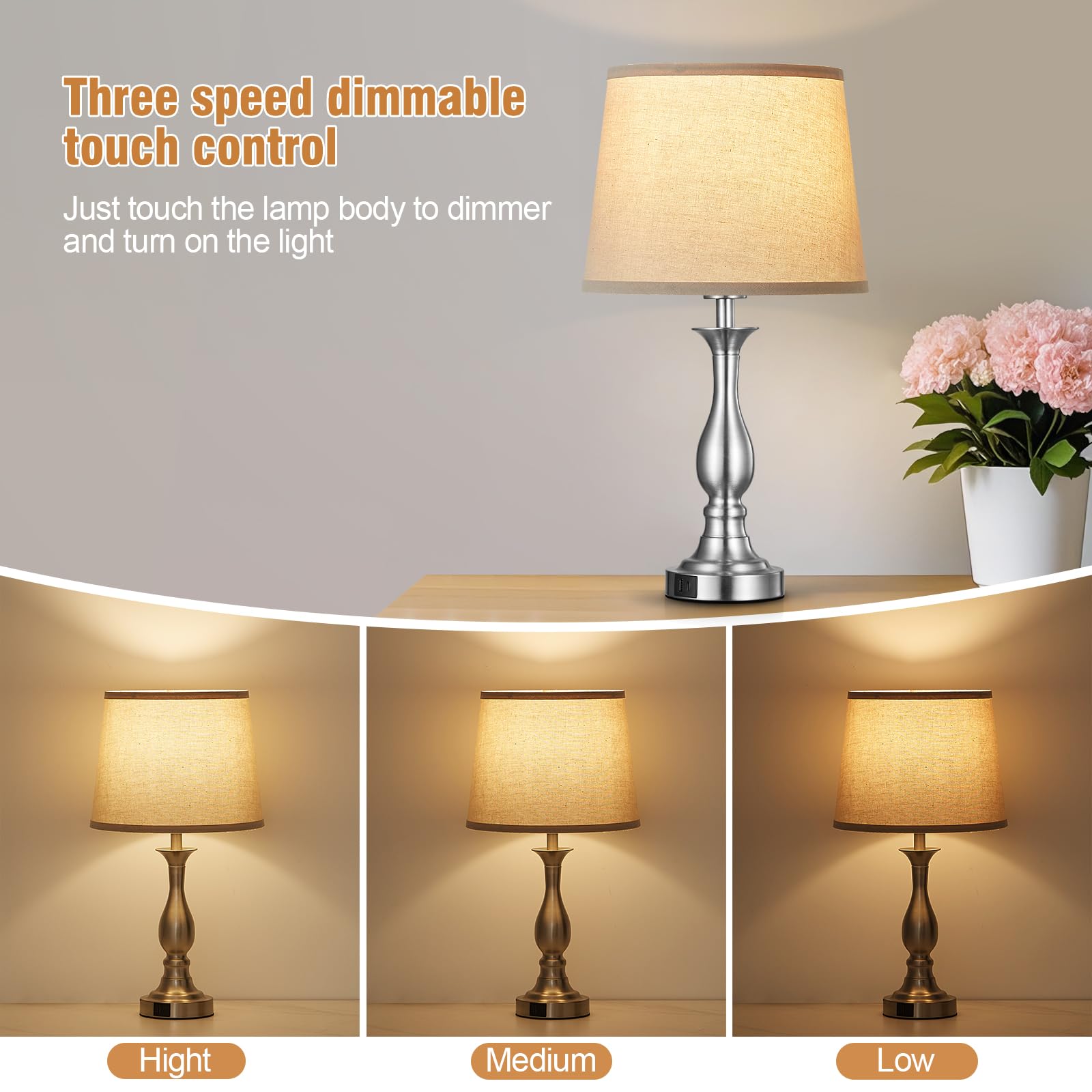 Lauag Bedside Table Lamp Touch Control 3 Way Dimmable with USB-C/A, Standard Size, Silver, Set of 2, Model L901
