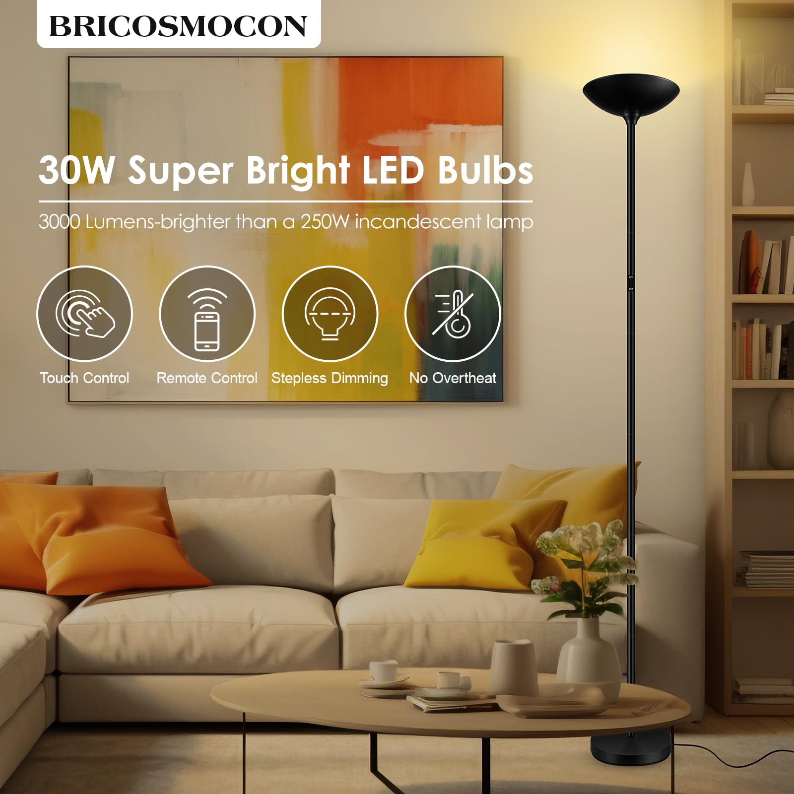 Bricosmocon 30W Dimmable Led Floor Lamp With Remote, 71In Tall Modern Black Torchiere For Home