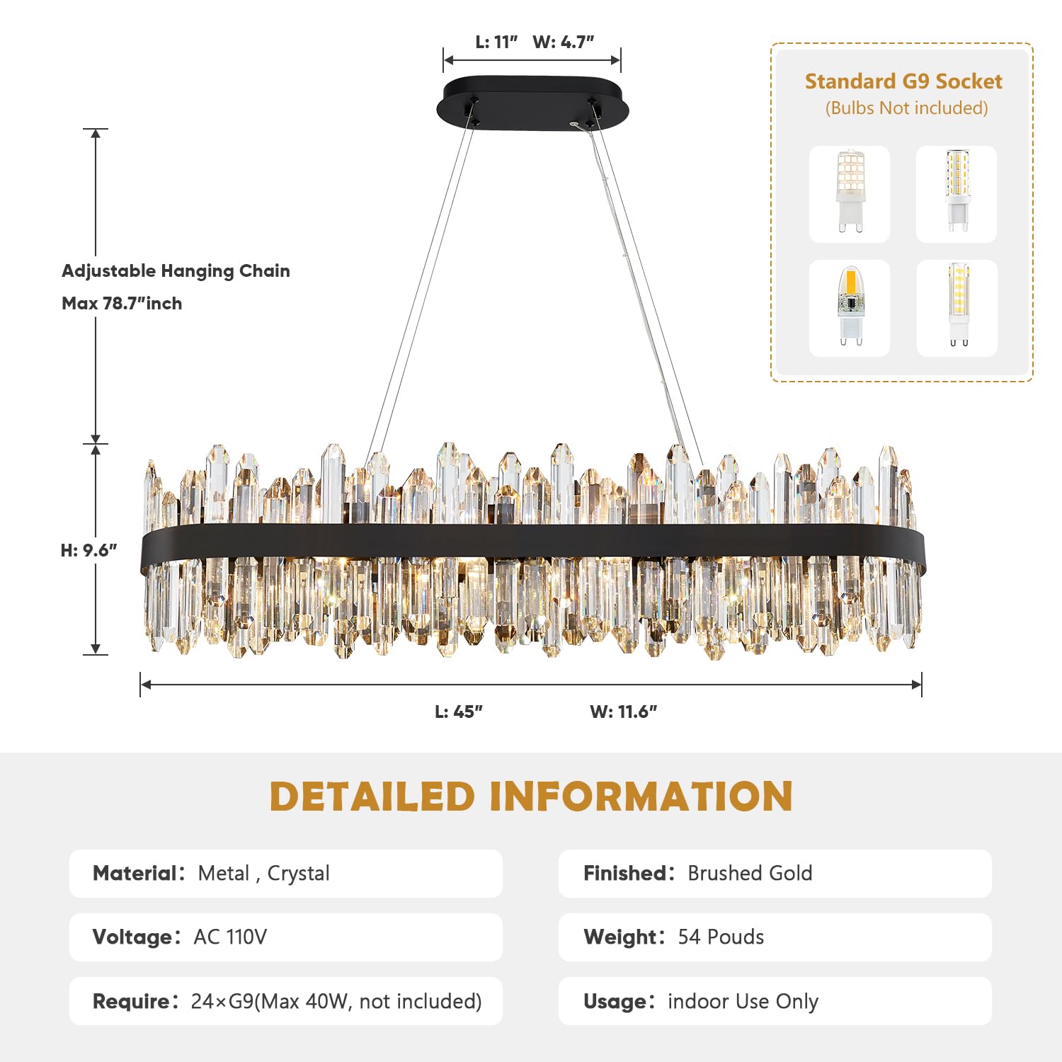 Lizztree Black Oval Crystal Chandelier L45.3 Inch, 24-Lights Chandeliers Modern Crystal Chandelier Pendant Light Fixture G9 Ligh