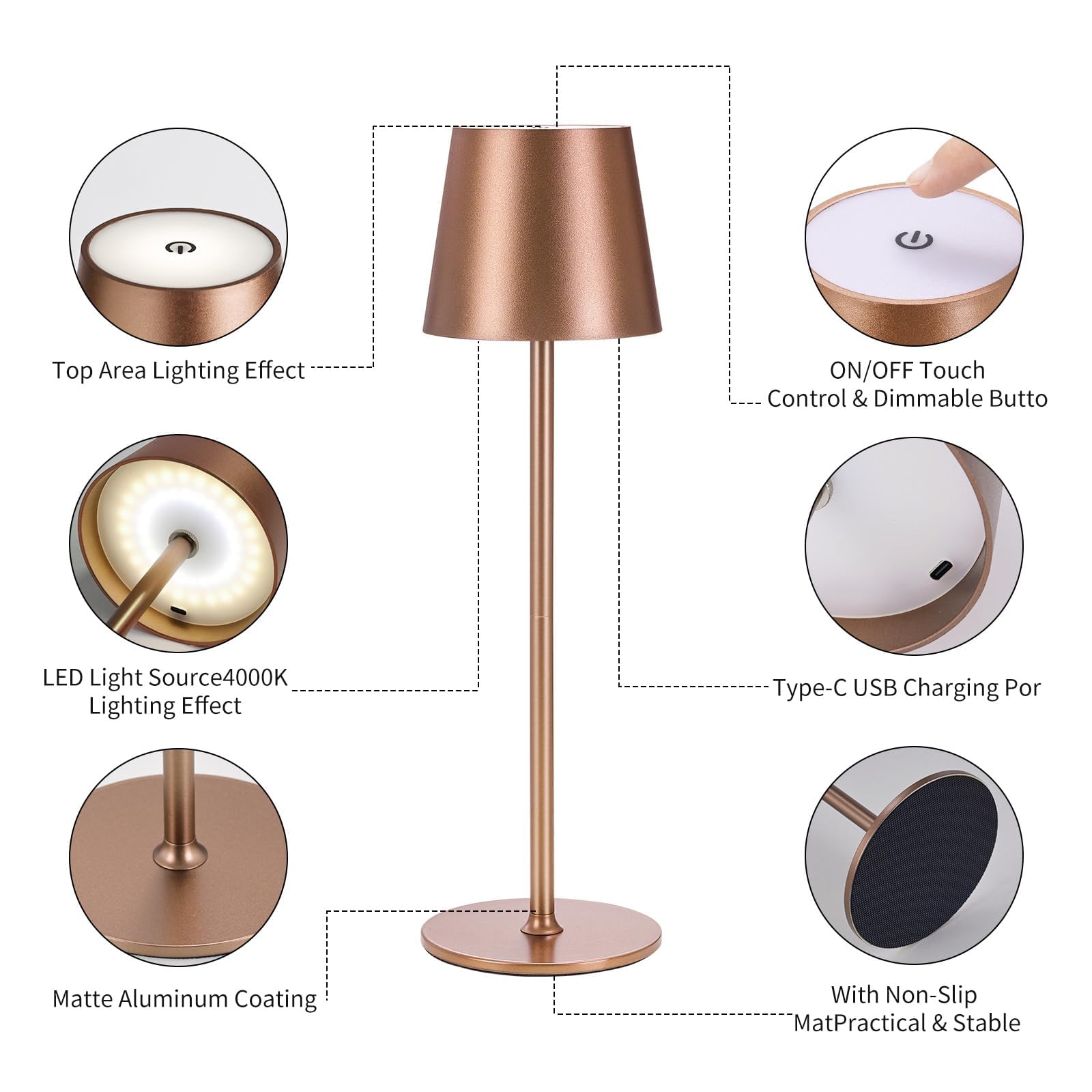 IMQSQIK Cordless Table Lamps 2Pack USB Rechargeable LED Touch Control Metal Brown Ue566-2pcsBrown