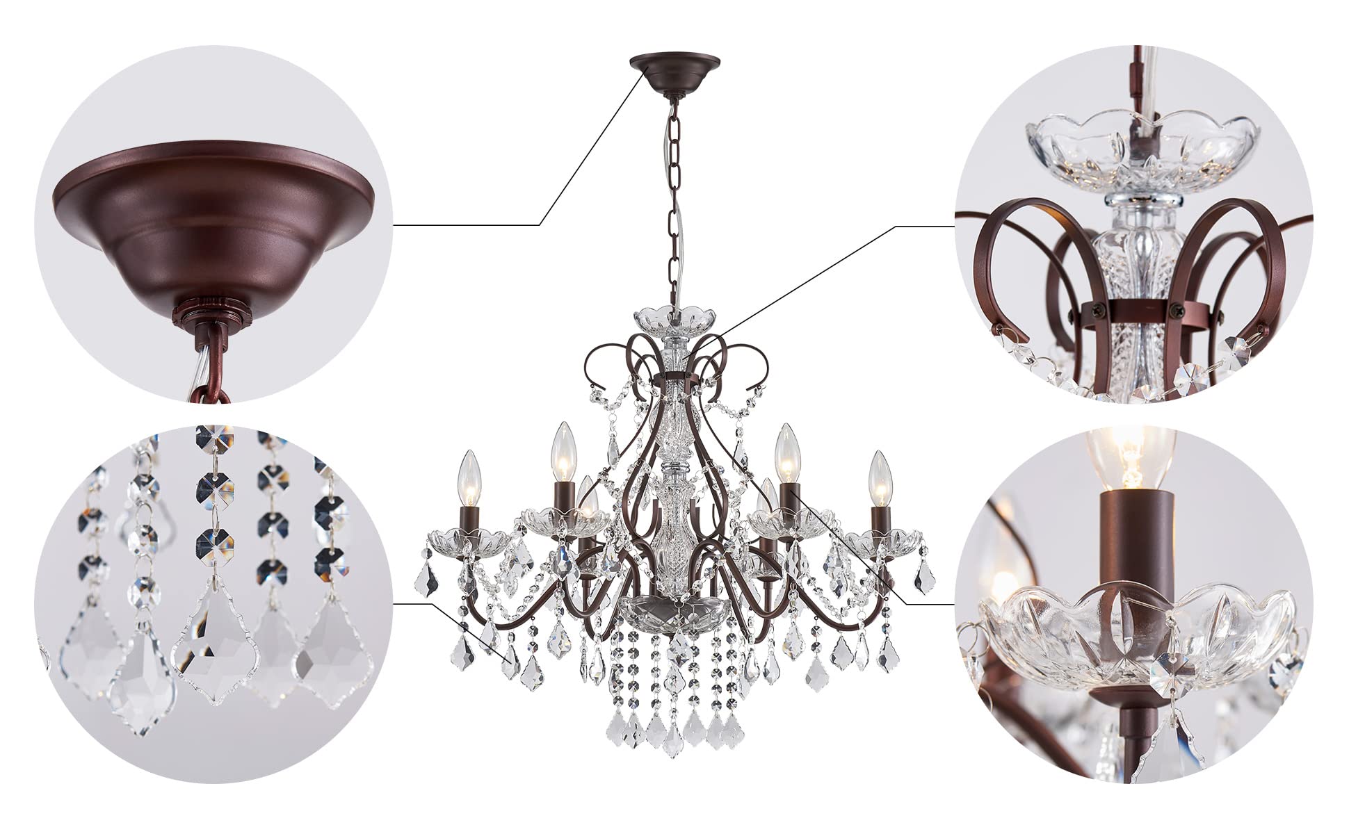 SM Saint Mossi 6-Light Crystal Chandelier, Modern Raindrop Design, Dark Brown, H23 x D24, Crystal Lighting for Dining Room, Bedroom, Living Room
