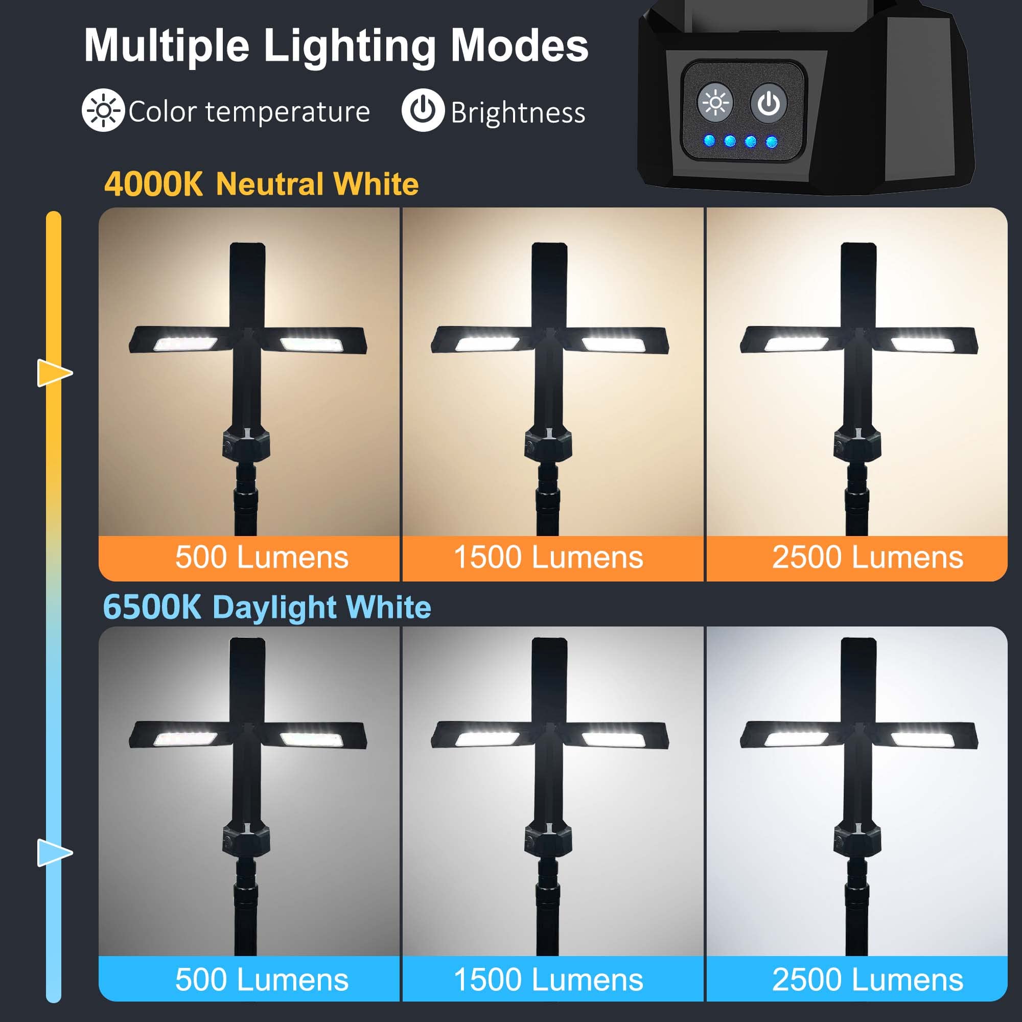 Rechargeable Led Work Light With Stand, Aluminum 67'' Portable Cordless Work Light, 8Ah Battery, 500/1500/2500 Lumen, 4000/6500K
