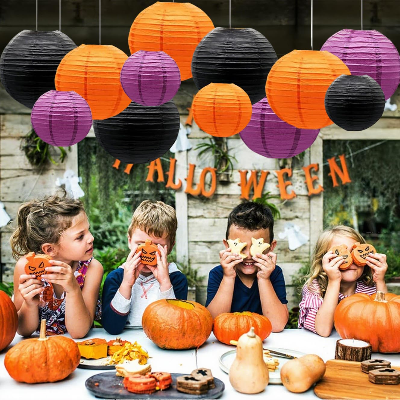 Capesaro Orange Purple Black Paper Lanterns Decorative 12Pcs Halloween Hanging Decorations For Graduation Thanksgiving Birthday Party Decorations