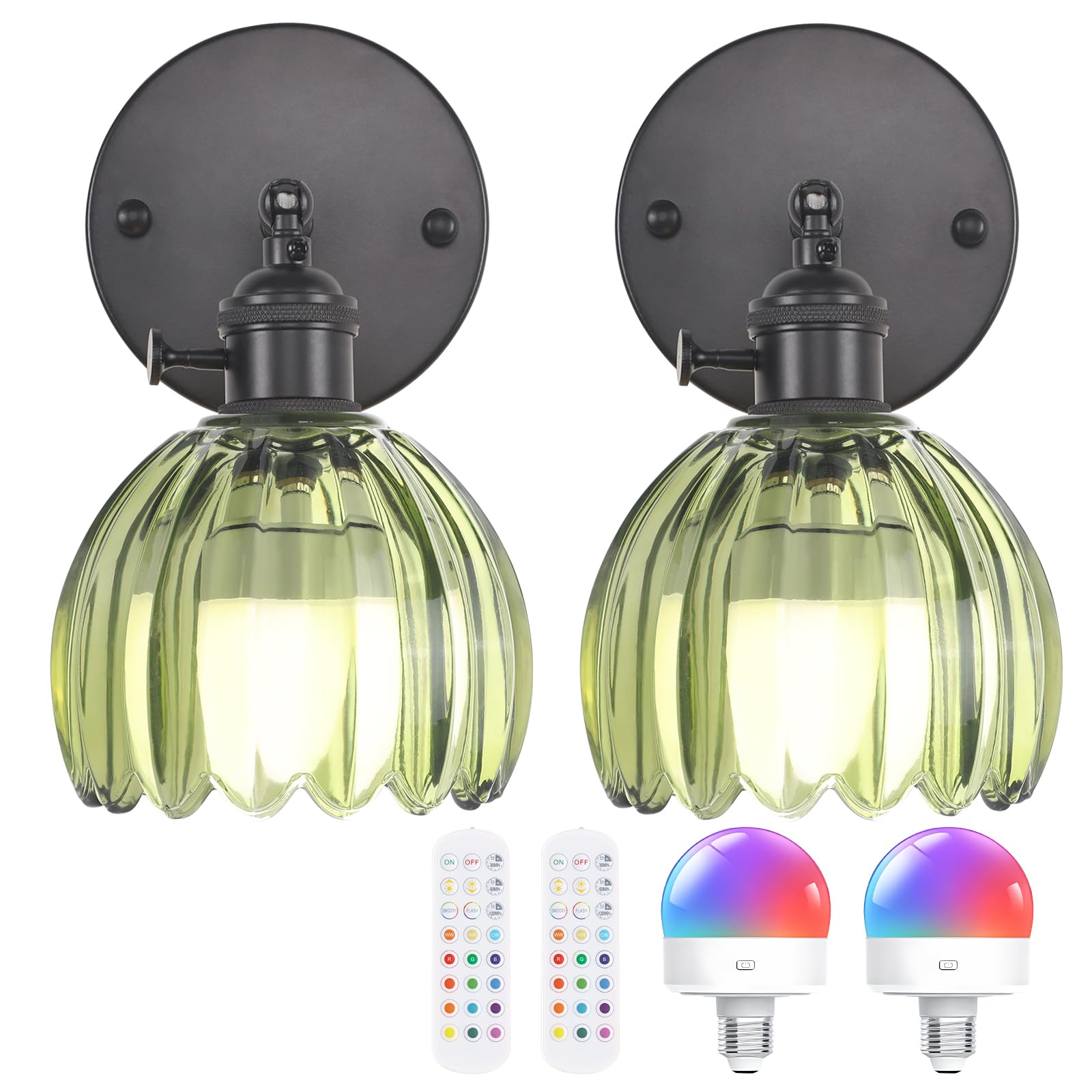 Shenmoyl Vintage Battery Operated Wall Sconce with Green Tulip Glass Lampshade Rechargeable Battery Powered Black Wall Light with Remote Control for Bedside Bedroom Doorway  Set of 2