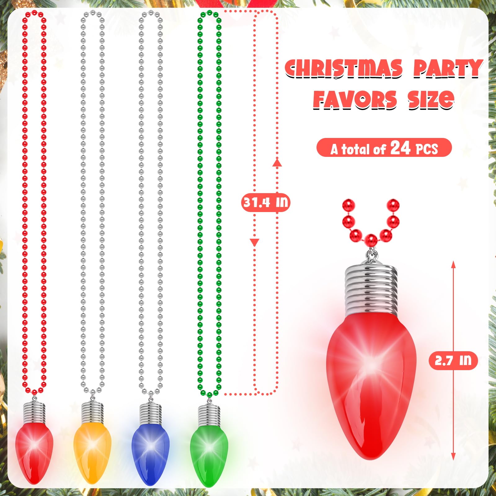 24PCS Christmas Necklace Light Up, 3 Light Modes Christmas Accessories, Colorful Bulbs Christmas Lights Necklace, Bead Chain Chr