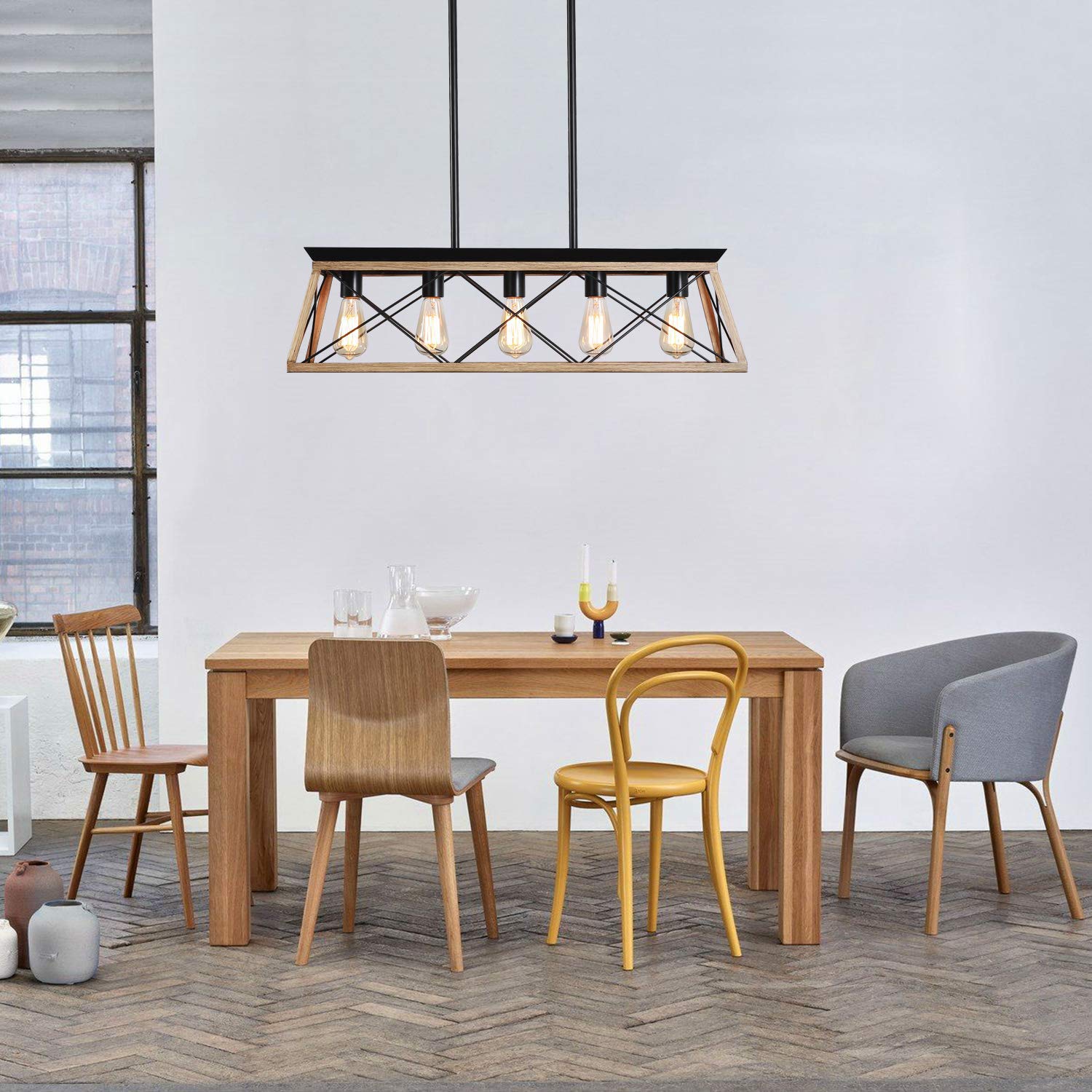 XIPUDA 5-Light Linear Pendant Chandelier, Rustic Metal Fixture for Dining Room, Oak Finish, Model XPD-0021