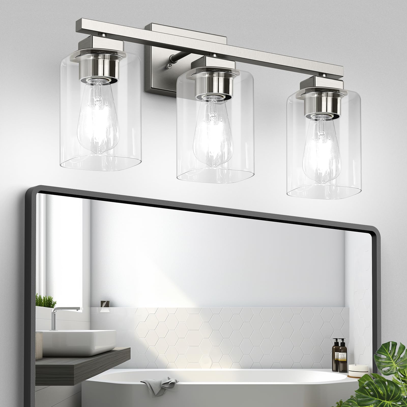 Bathroom Vanity Light, 3-Light Nickel Modern Matte Wall Sconce Lighting With Clear Glass Shade, Wall Lights,Bath Vintage Wall Mo