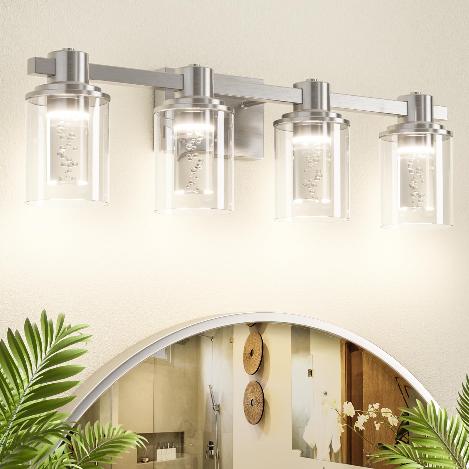 Quntis Brushed Nickel 4-Light Dimmable Bathroom Vanity Light, 5 Color Modes, Led Wall Lamp