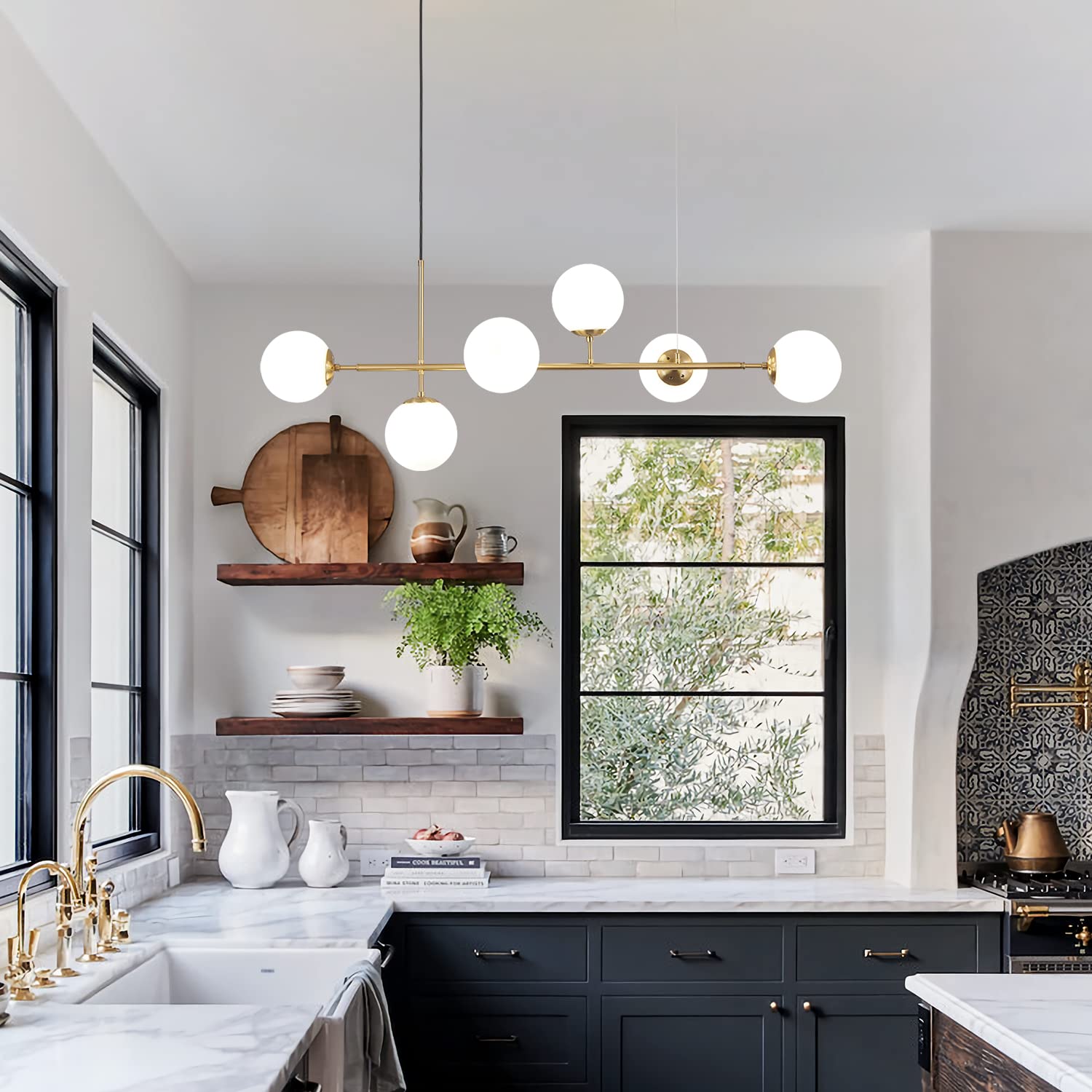 KCO 6 Light Modern Globe Chandelier - White & Gold Metal Pendant Light Fixture, Mid Century Rectangle Design, Model L1039-white