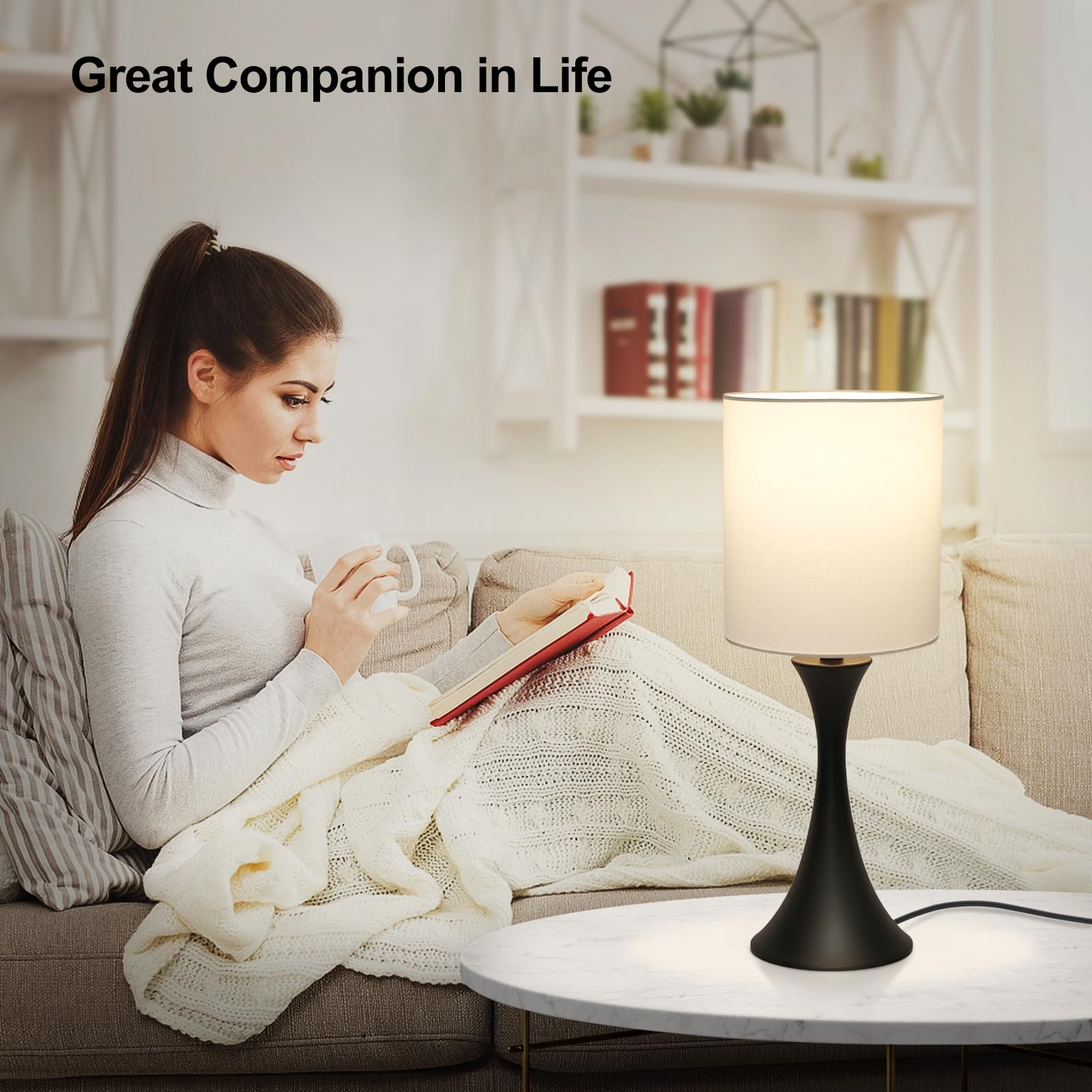 3 Way Touch Control Table Lamp, Modern Bedside Lamp For Bedroom, Dimmable Black Nightstand Lamp White Shade Desk Reading Light F