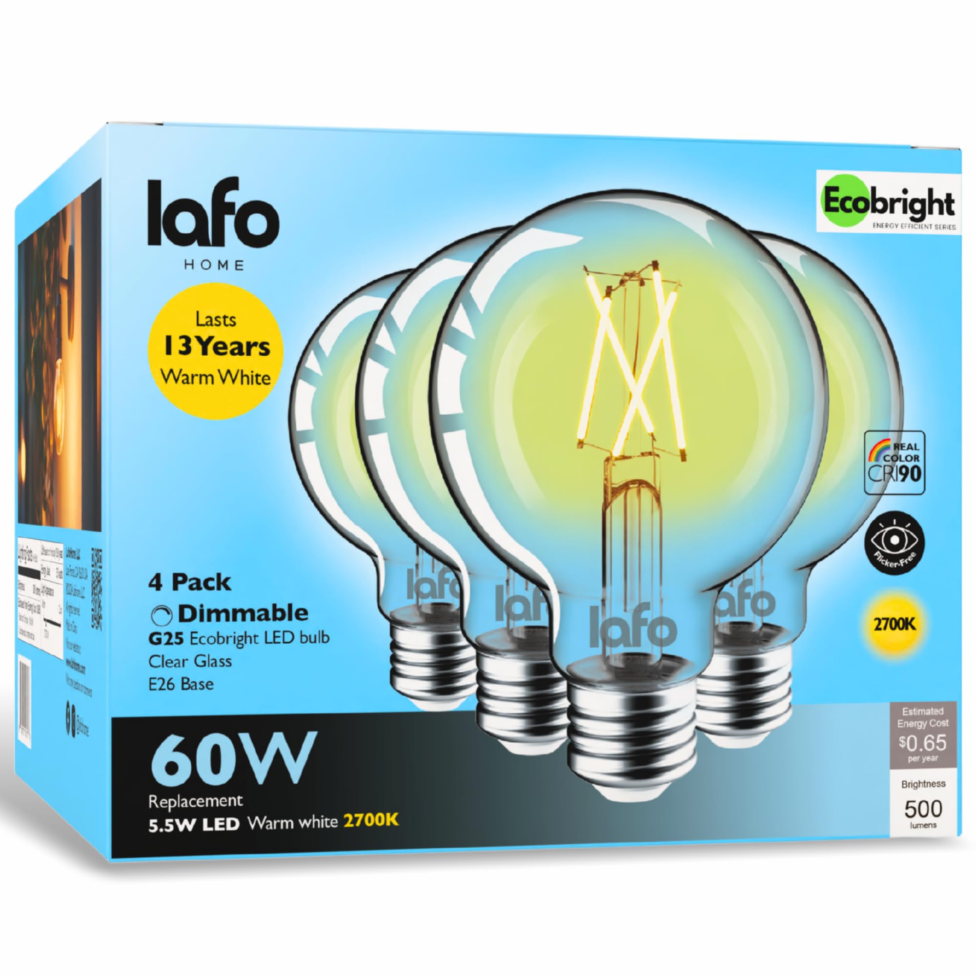 LafoHome EcoBright G25 LED Filament Bulbs Dimmable Globe Lights 60W Equivalent E26 Base 2700K Warm White CRI90 Flicker Free ETL 