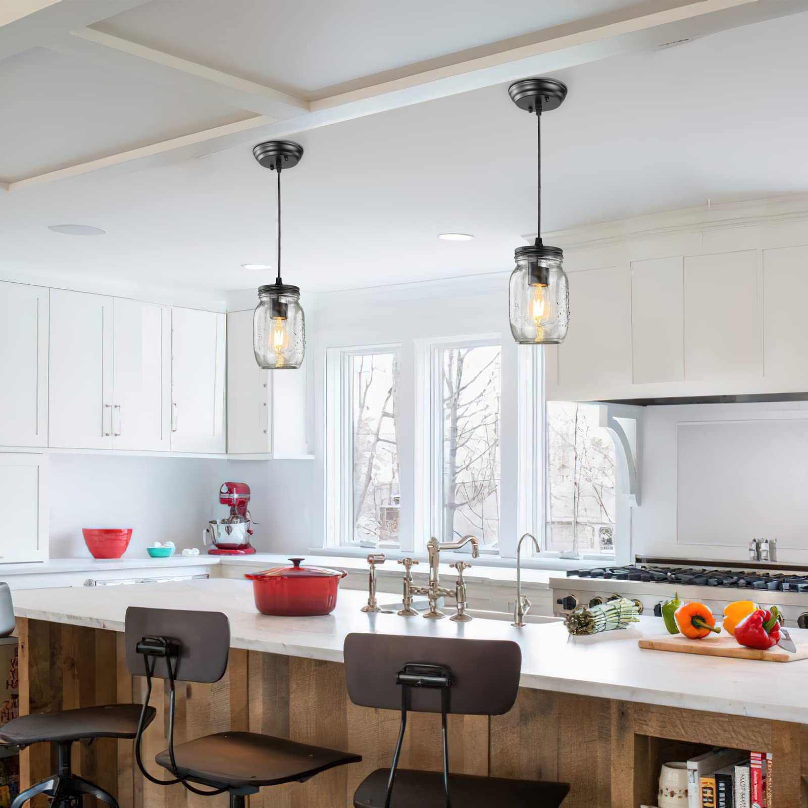 TinHon Mason Jar Pendant Light, 1-Light Black Ceiling Fixture, Adjustable Height, Clear Glass for Kitchen Island, Dining Room