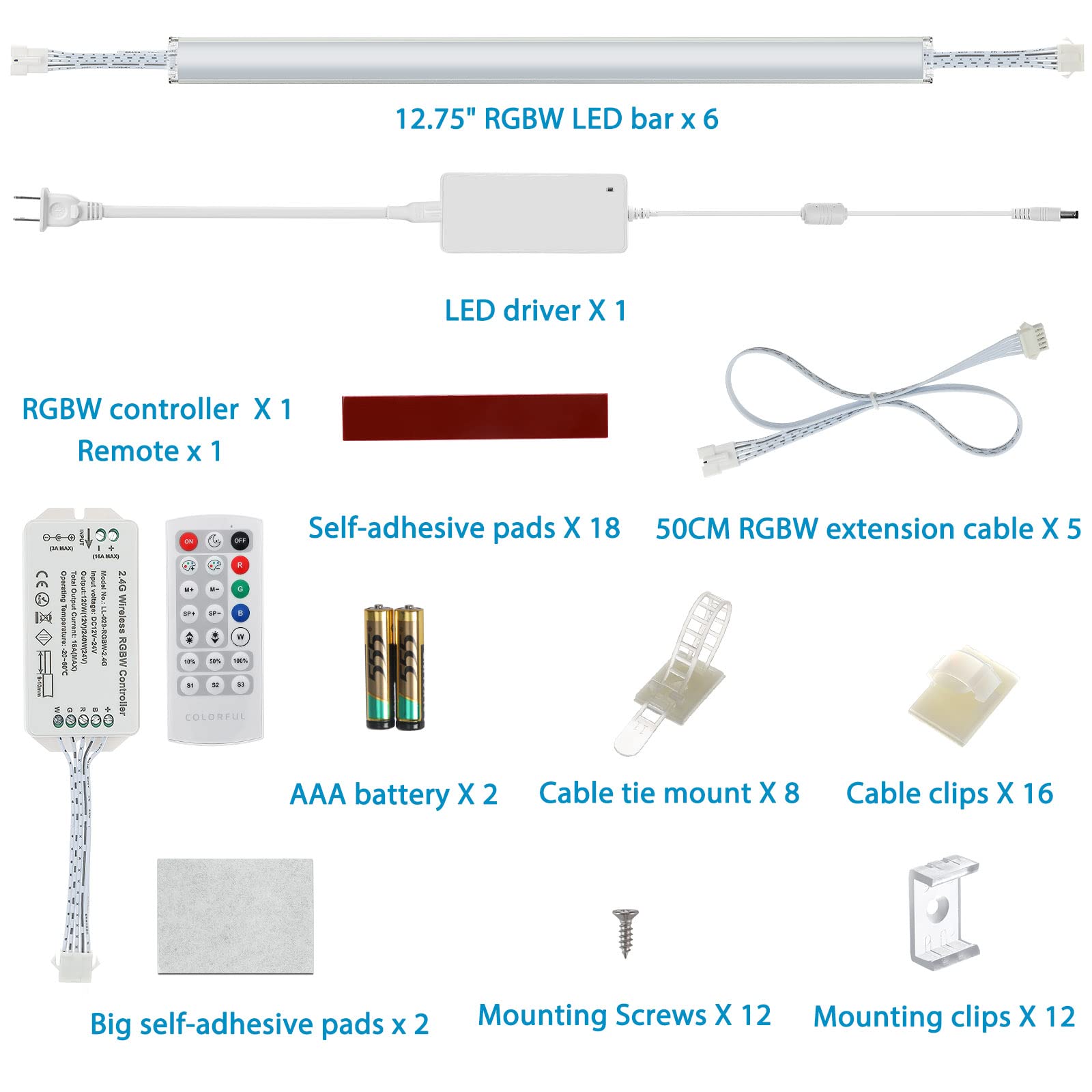 Kitchen Under Cabinet Led Light. Rgbw. Color Change & Super Bright Cool White Light. Remote With Dimming. 6 Led Light Bars With