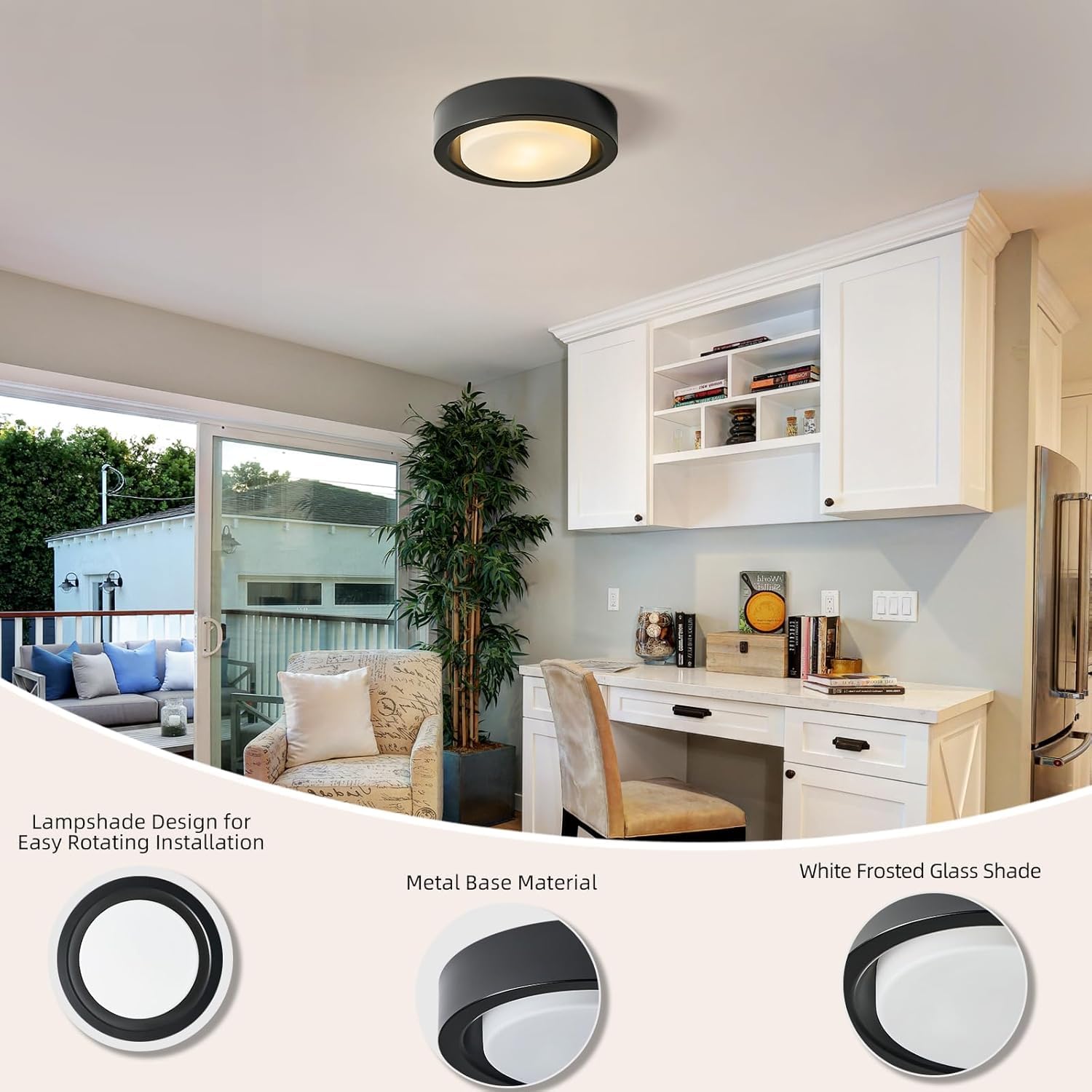 Cotulin Black Flush Mount Ceiling Light, 13 Matte Metal Fixture With White Frosted Glass Shade For Hallway, Bedroom, Outdoor