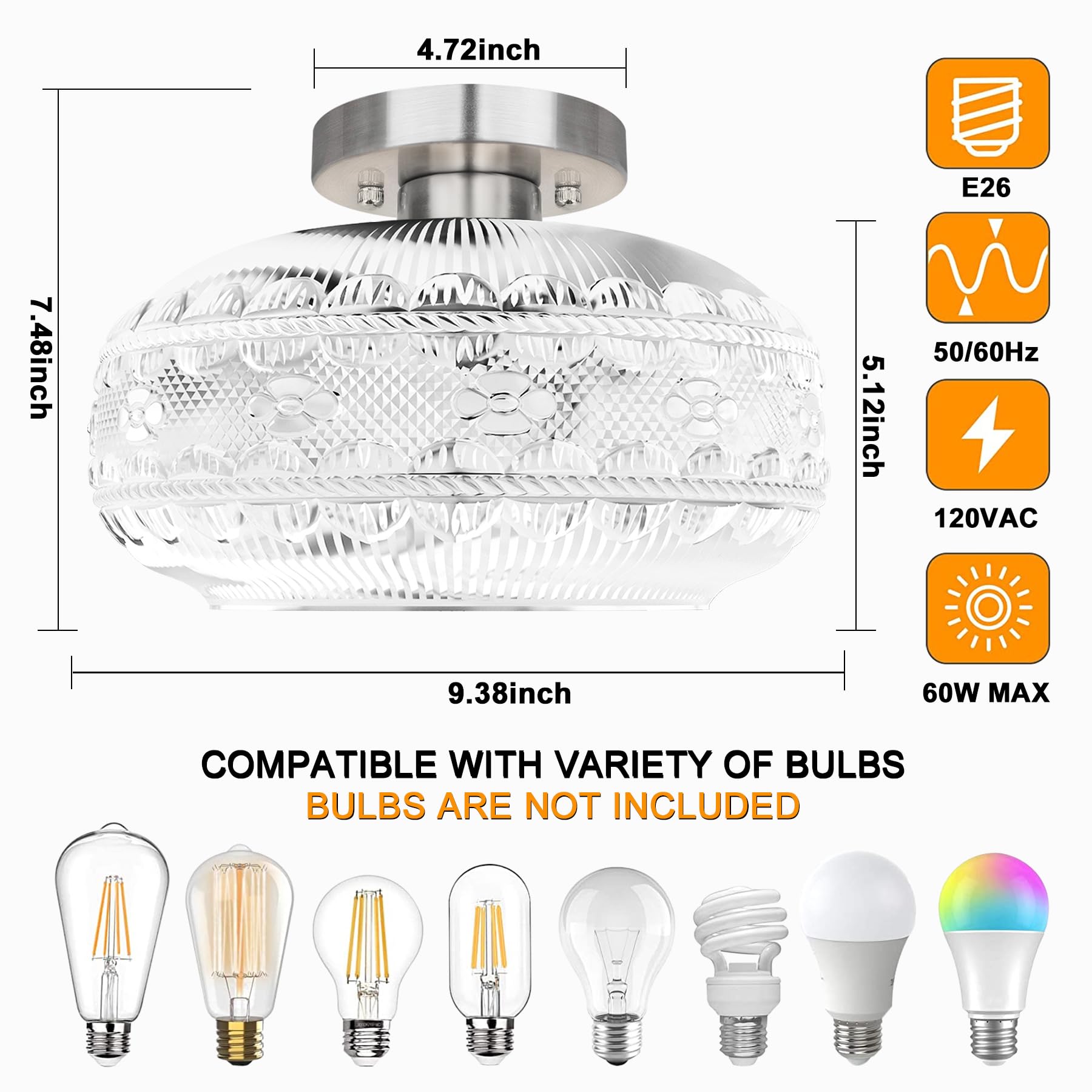 Semi Flush Mount Ceiling Light Fixture,Brushed Nickel Hallway Lights,Globe Glass Light Fixture Ceiling,Industrial Kitchen Lights