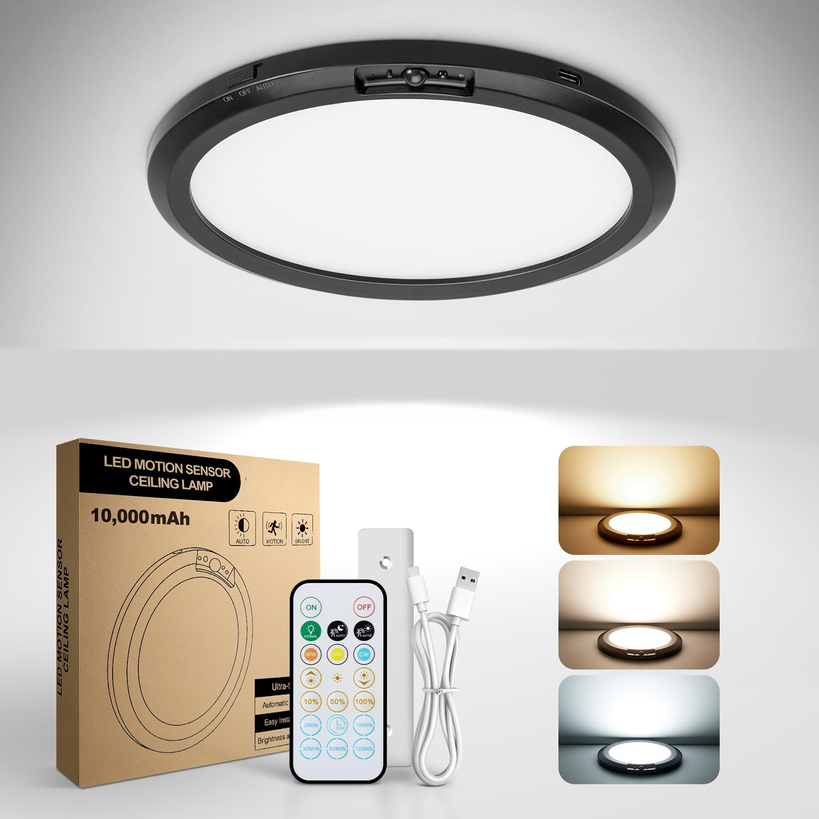 Aggforbl 10,000mAh Rechargeable Ceiling Light with Remote, Wireless Waterproof Shower Lights 3000K/4000K/6000K, Battery Powered 