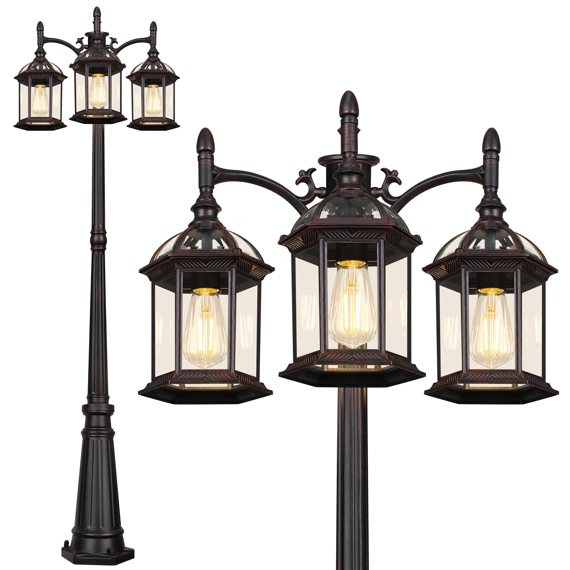 PARTPHONER Outdoor Lamp Post Light with 3 LED Bulbs, Aluminum, Oil-Rubbed Bronze, Model PA1201, Waterproof Sensor Lighting Fixture