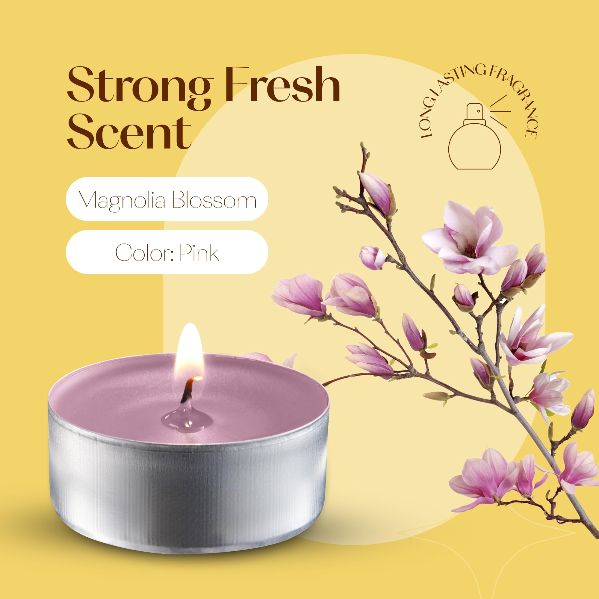 Pink Scented Tealight Candles - Pack Of 12 Scented Tea Light Candles With Long Lasting Aromas - Magnolia Blossom Fragranced Pink Tealight Candles - 4 Hour Burn Time
