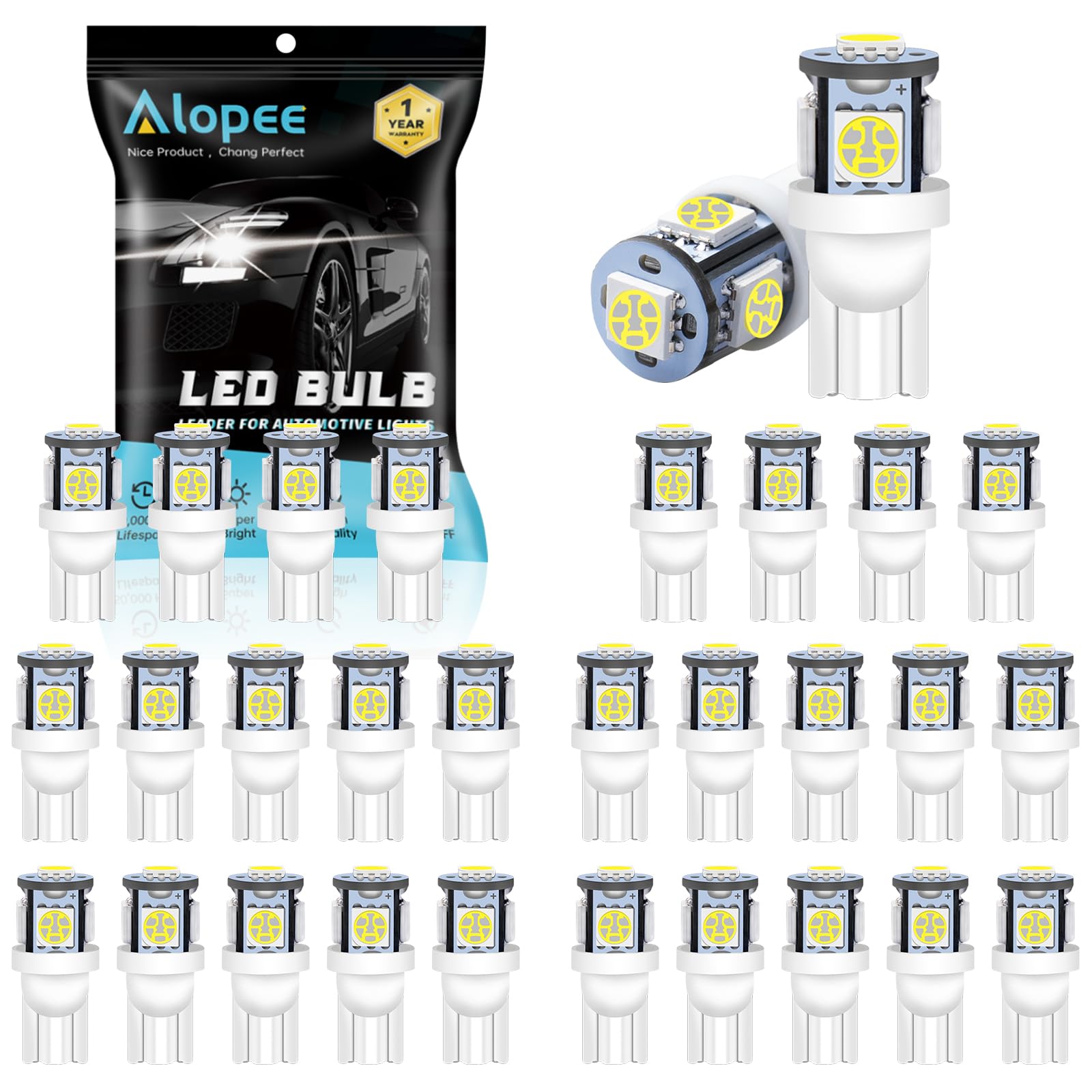 Alopee 30 Pack 194 Led Bulb White 6500K T10 Led Light Bulbs 5SMD 5050 Chips 2825 Led Bulb 168 Led Bulb 158 501 W5W Automotive Re