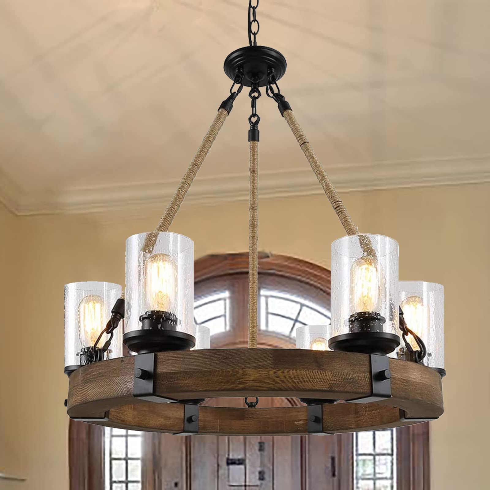 Rustic 6 Light Wagon Wheel Chandelier, Round Wood Pendant Light with Seeded Glass Shade, Farmhouse Chandeliers for Dining Room K