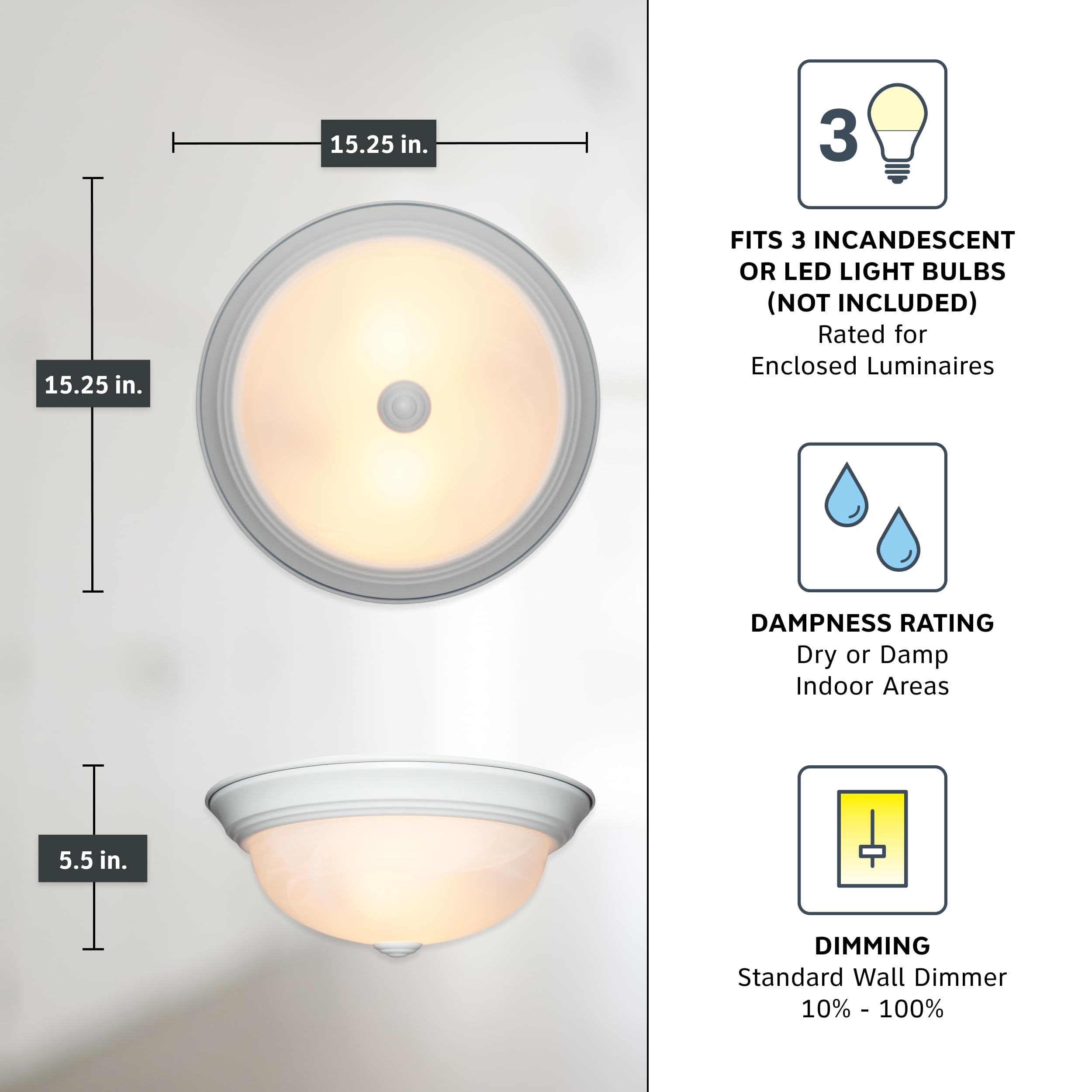 Designers Fountain 3-Light Flush Mount Fixture, White Alabaster Glass, 15 in, Alloy Steel, Model 1257L-WH-AL