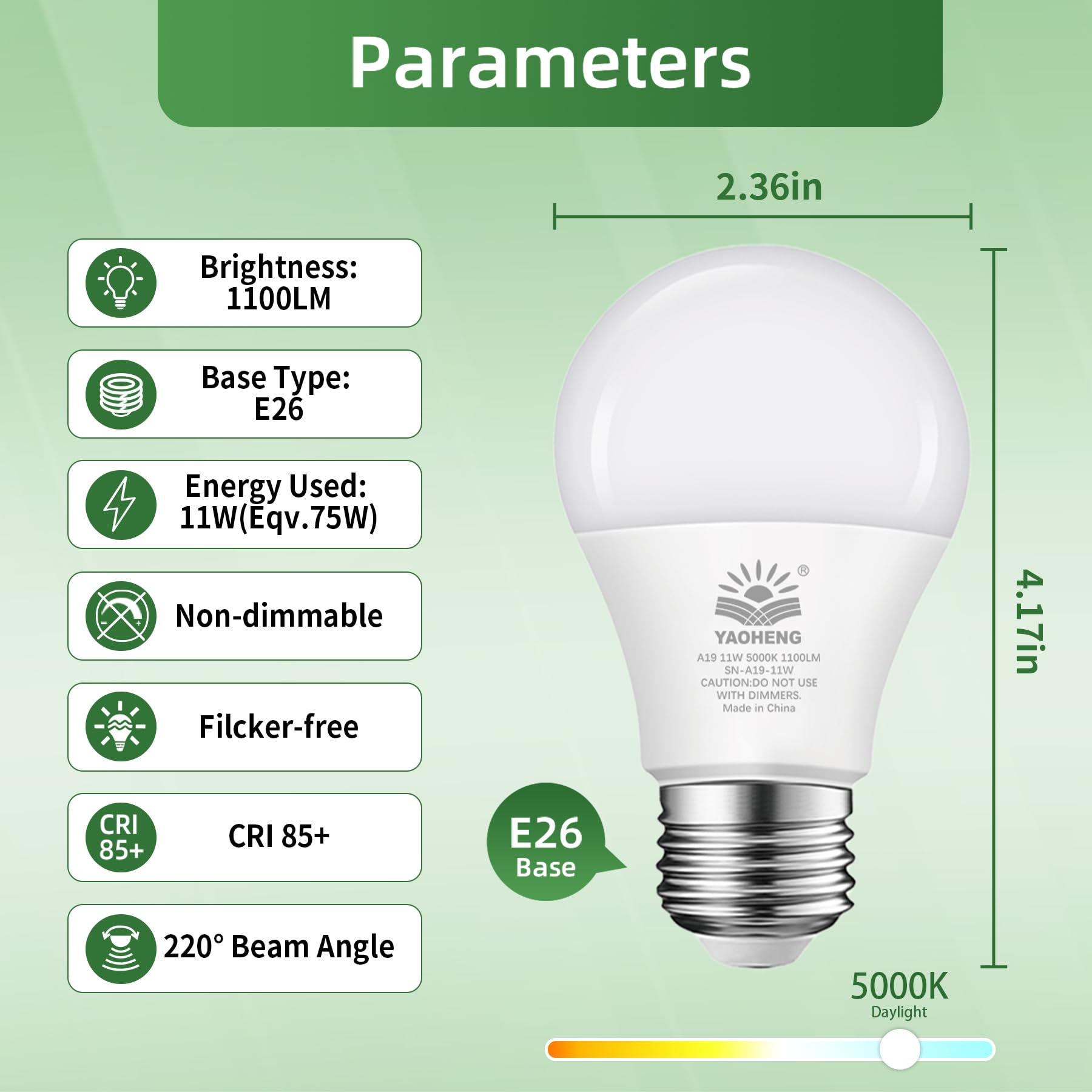 YAOHENG A19 LED Light Bulb 11W 75 Watt Equivalent 1100 Lumens Non-Dimmable E26 Base 5000K Daylight 10-Pack