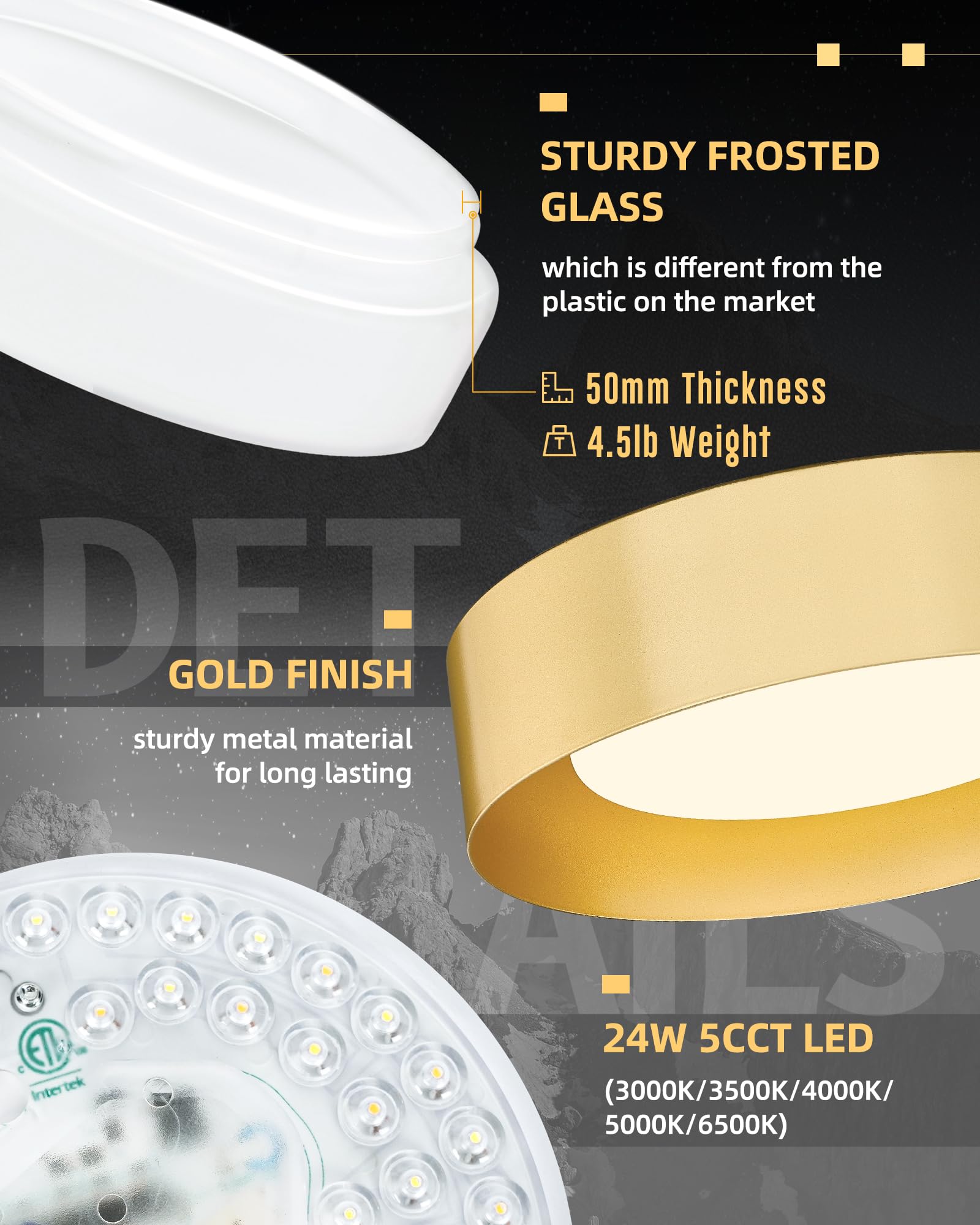 Autelo Led Ceiling Lights, Gold Flush Mount Ceilingg Light, 5Cct Vintage 12'' Ceiling Lights Fixture With Frosted Glass In Gold