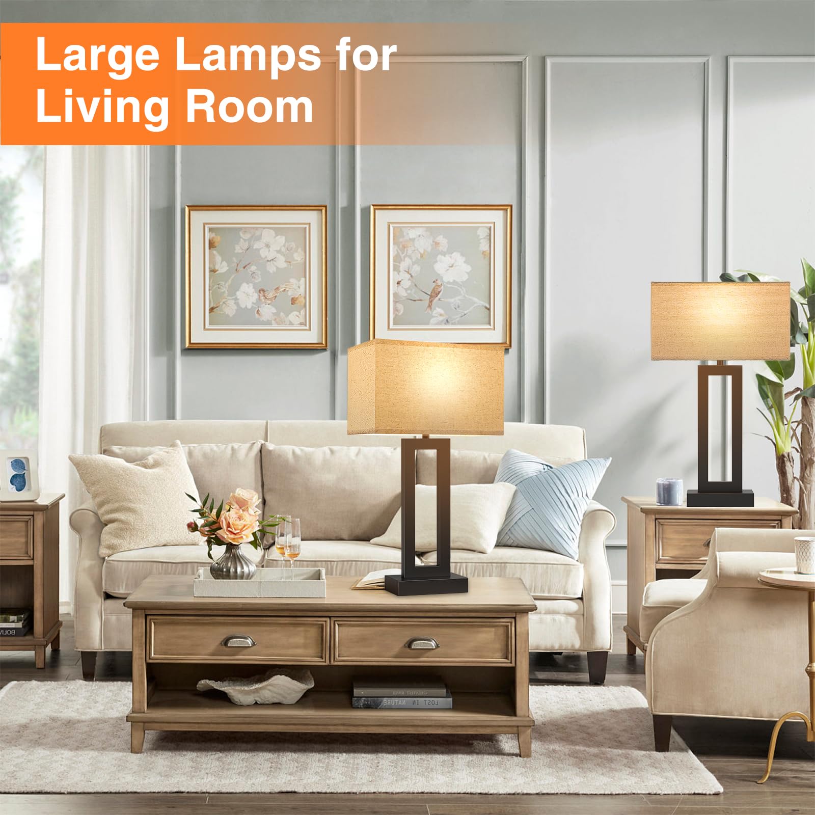 22'' Tall Living Room Lamps For Night Stands - Touch Bedside Lamp With Usb C+A, 3 Way Dimmable Bedroom Lamps For End Tables Set