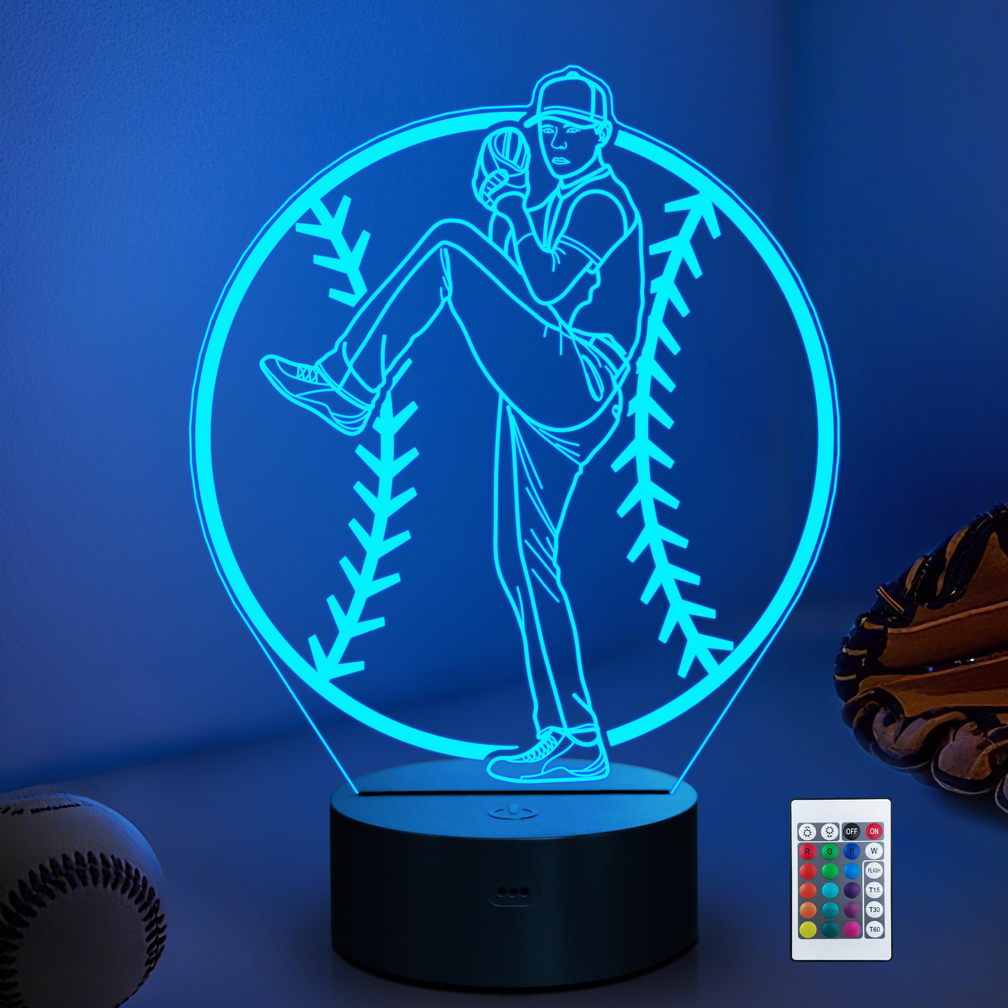 CoolGift Mart Baseball Pitcher Night Light, 3D Room Decor LED Optical Illusion Lamp with 16 Colors and Remote Control, Baesball 