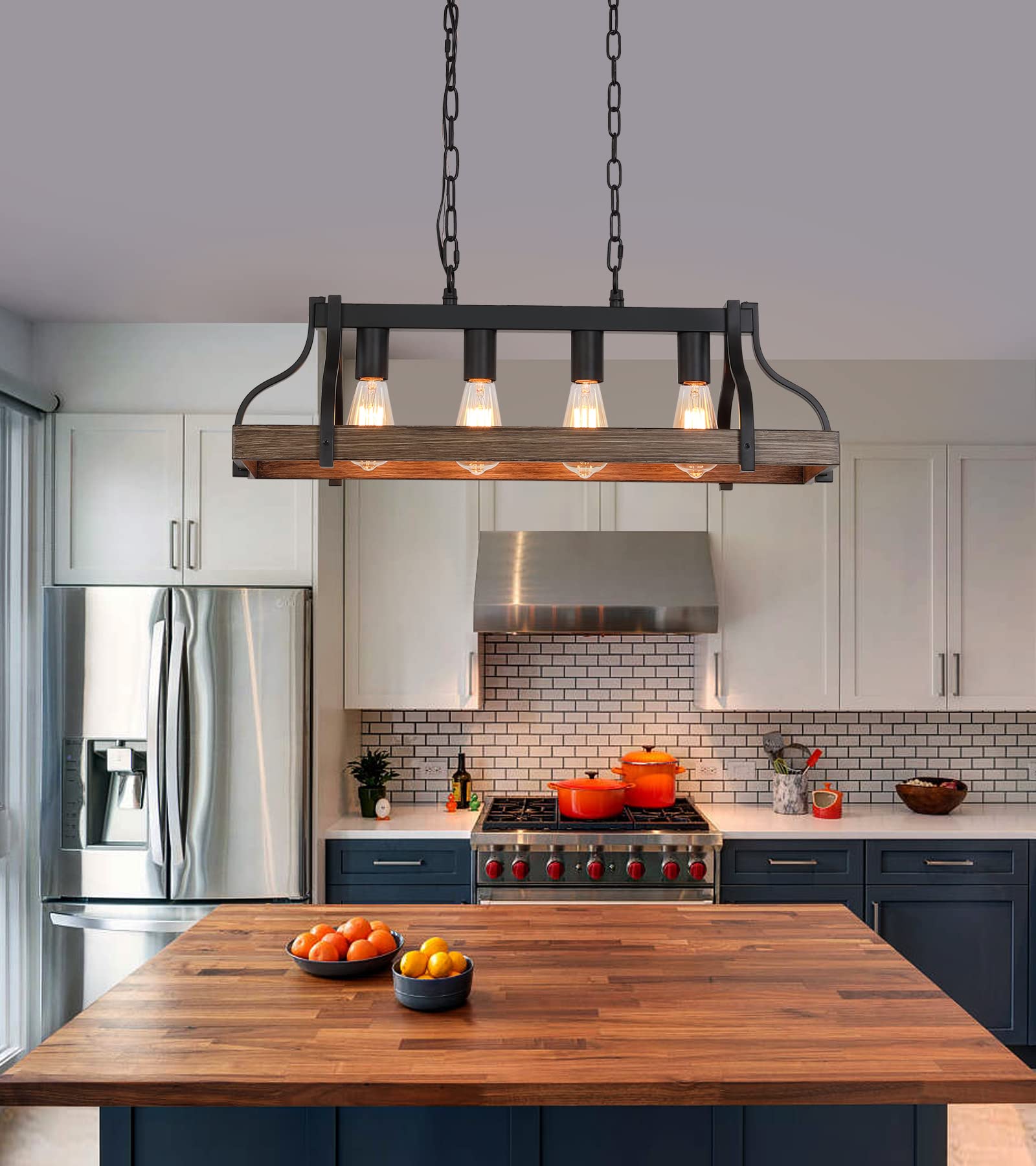 Meixisue Rustic Kitchen Island Dining Room Light Fixture Farmhouse Linear Chandelier Black And Retro Wood Finish 4-Light Industrial Metal Hanging Pendant Light Ul Listed L28.3 W10.6