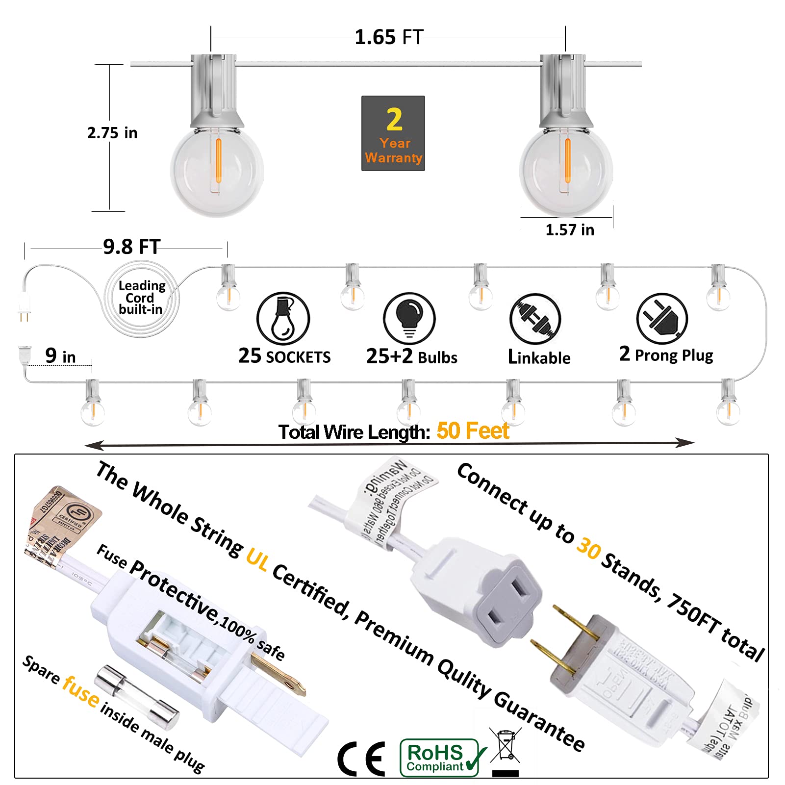 Meidaoduo Outdoor Globe String Lights White - G40 Outdoor Lights Patio String Lights Linkable Waterproof With 27 Shatterproof Cl