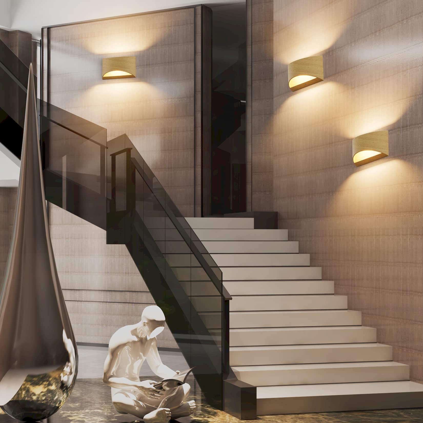 Aipsun LED Wall Sconce Set of 2, Modern Aluminum Up & Down Lights, Warm White 3000K, Wood Texture, Model 9206