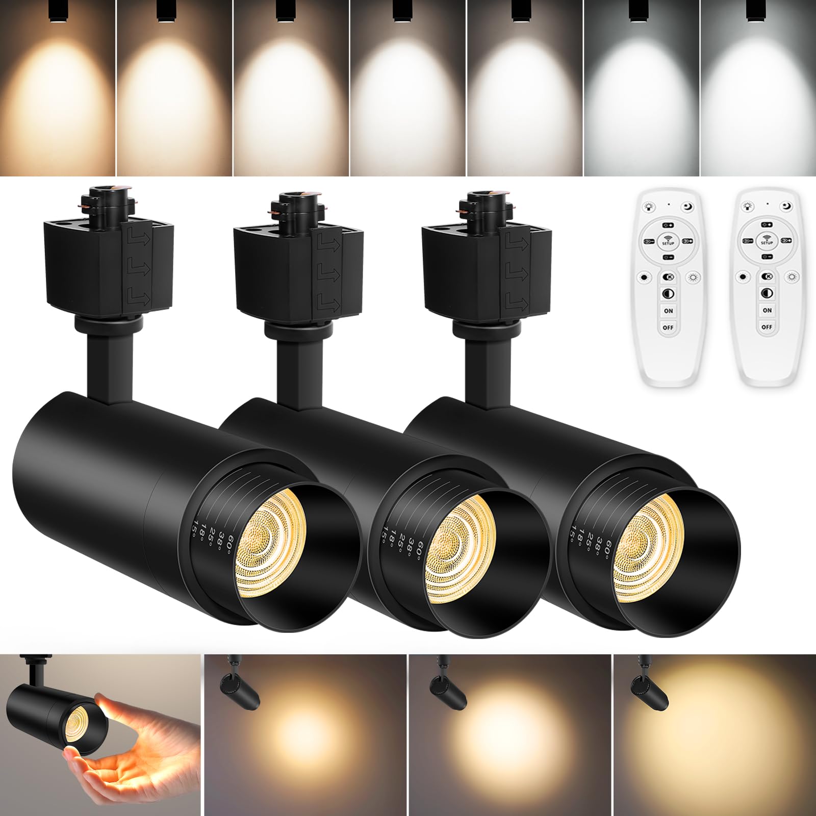 CoziTech 9-Color Zoomable LED Track Lighting Heads 25W, Remote Control, Dimmable, 2200lm, 3 Pack, Black, Model CT-TLH25-