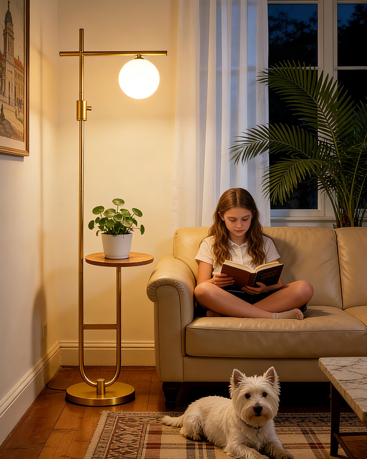 ACOHOOK 66IN Gold Dimmable Floor Lamps with Storage Table, Modern Standing Tall Lamp with Milky White Globe Lampshade, Cross-Sha