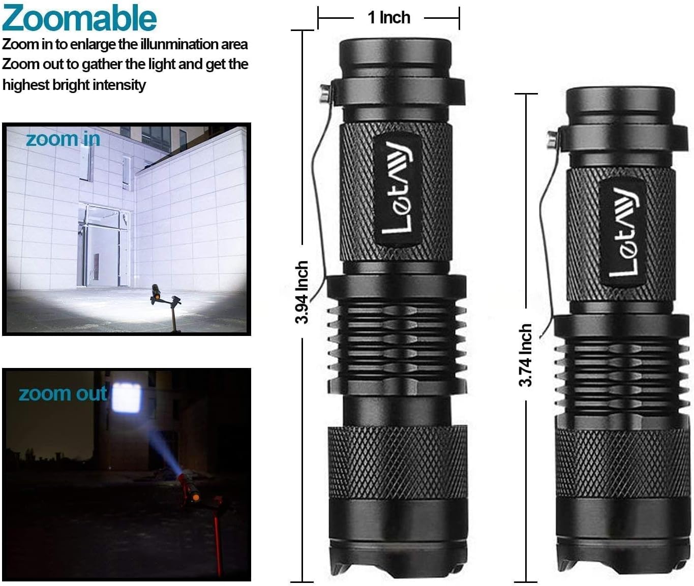 LETMY Tactical Flashlight - Super Bright LED, Waterproof, Zoomable, 3 Modes, 2 Pack, Aluminum, Clear - Ideal for Hiking, Camping, Emergencies