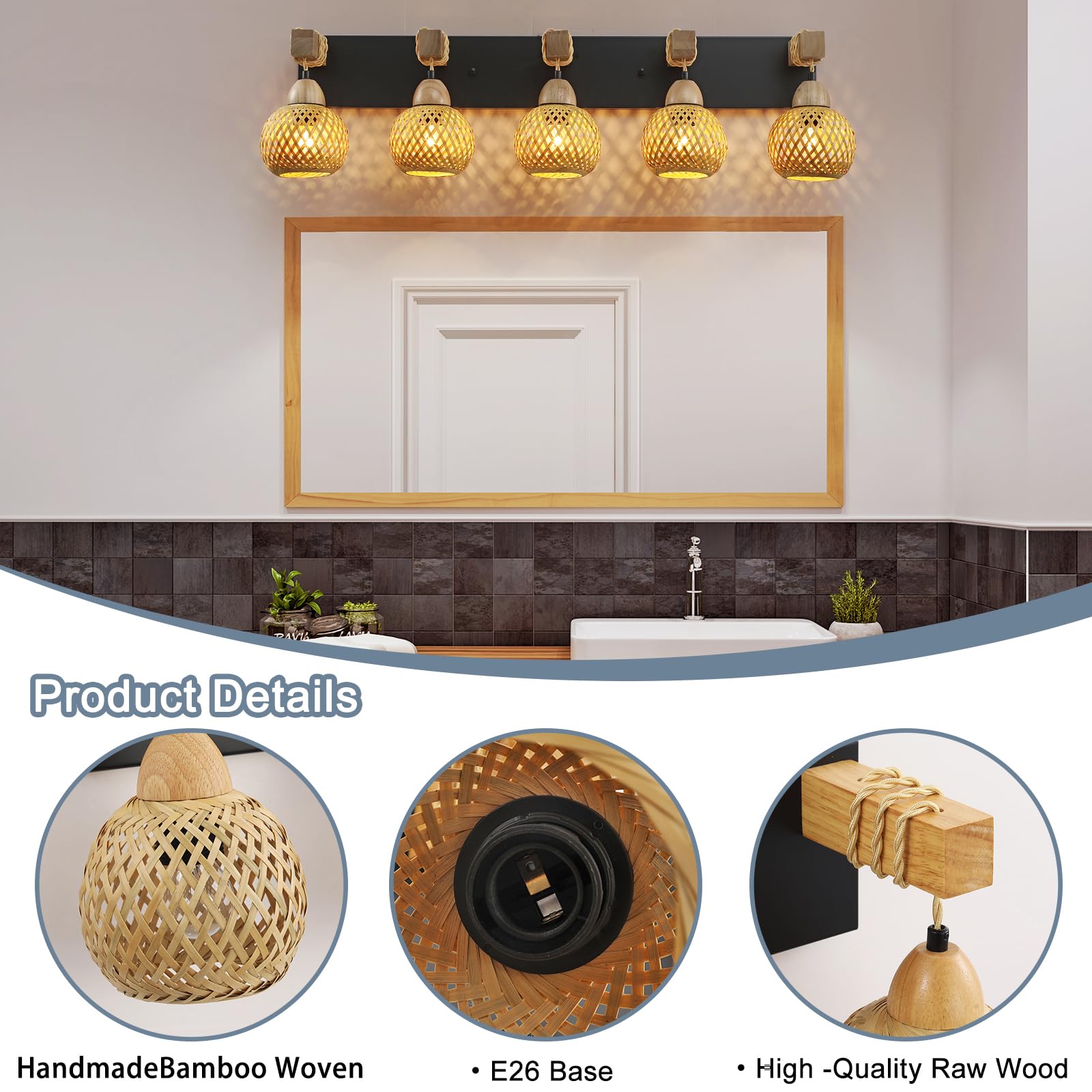 5-Light Bathroom Vanity Light Fixtures, Rustic Style Farmhouse Wood Bathroom Wall Sconce, Handmade Bamboo Woven Boho Wicker Bask