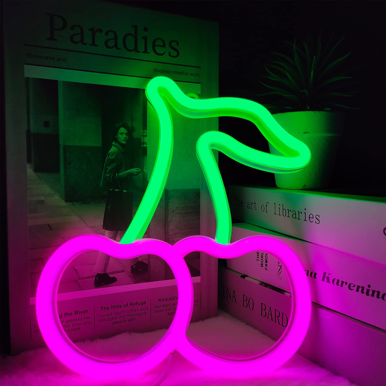 BerniceKelly Cherry Neon Sign, LED Wall Decor, Plastic, Model WUE-54, Green & Pink Cherries for Kids Room, Restaurant, Bar, Home