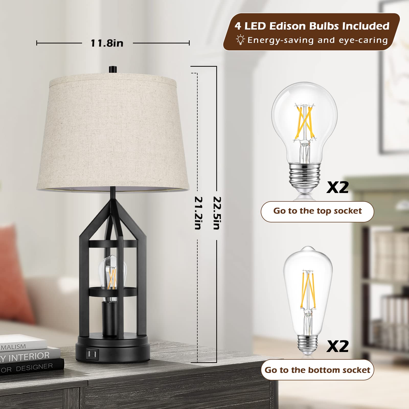 Beslowe Farmhouse Table Lamps Set Of 2, Dimmable Touch Control, Usb Ports, Rustic Decor, Cream