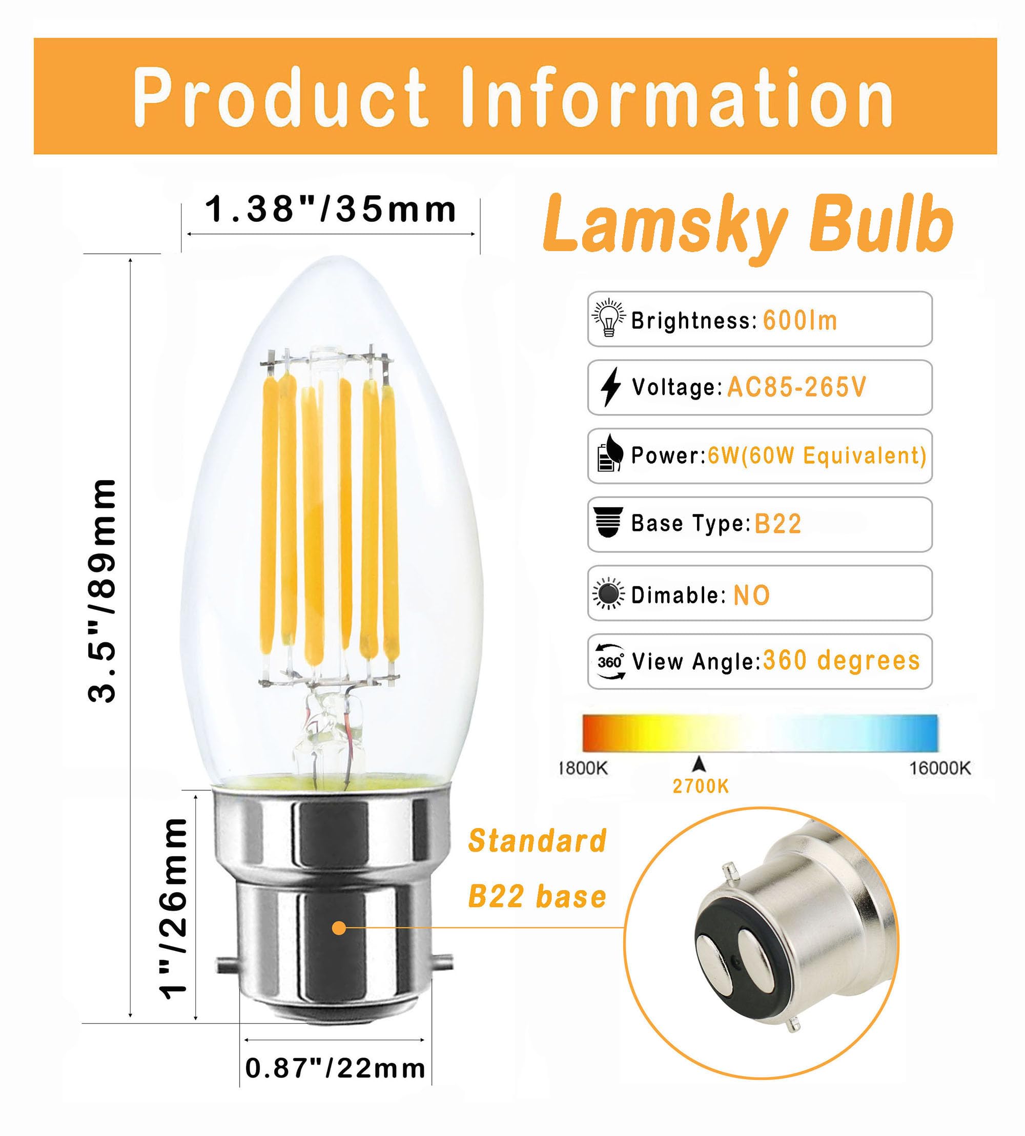 Lamsky 4-Pack 6W B22 Bayonet LED Candle Bulb, 2700K Warm White, Glass, 600LM, 60W Equivalent