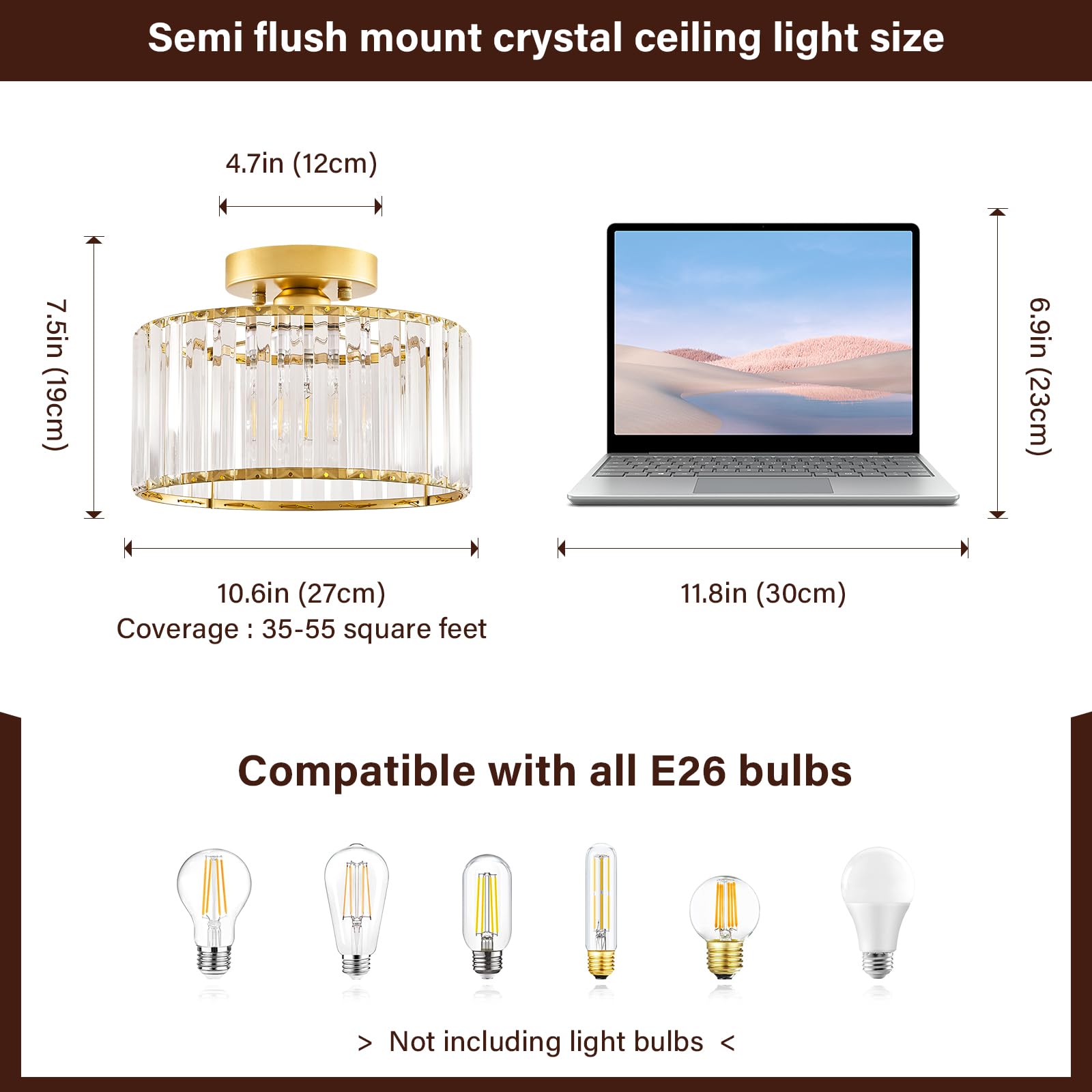 Pevfah Crystal Gold Ceiling Light, Modern Semi Flush Mount Ceiling Lighting Fixture, Round Hallway Ceiling Lights For Bathroom K
