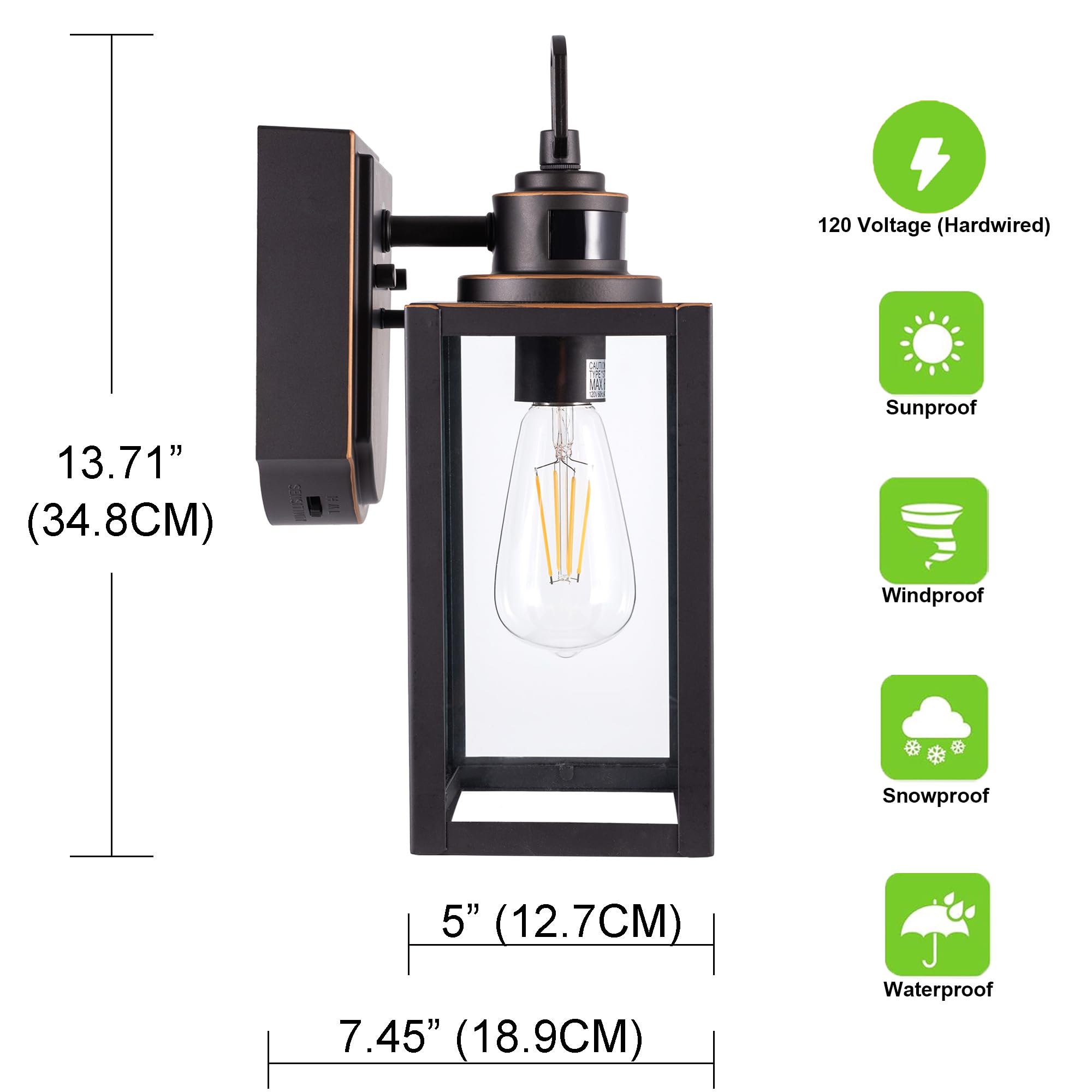 GRUENLICH Dusk to Dawn Outdoor Wall Lantern, PIR Motion Sensor, E26 Max 60W, Metal Housing, Oil-Rubbed Bronze, 2-Pack, Model GR-WL