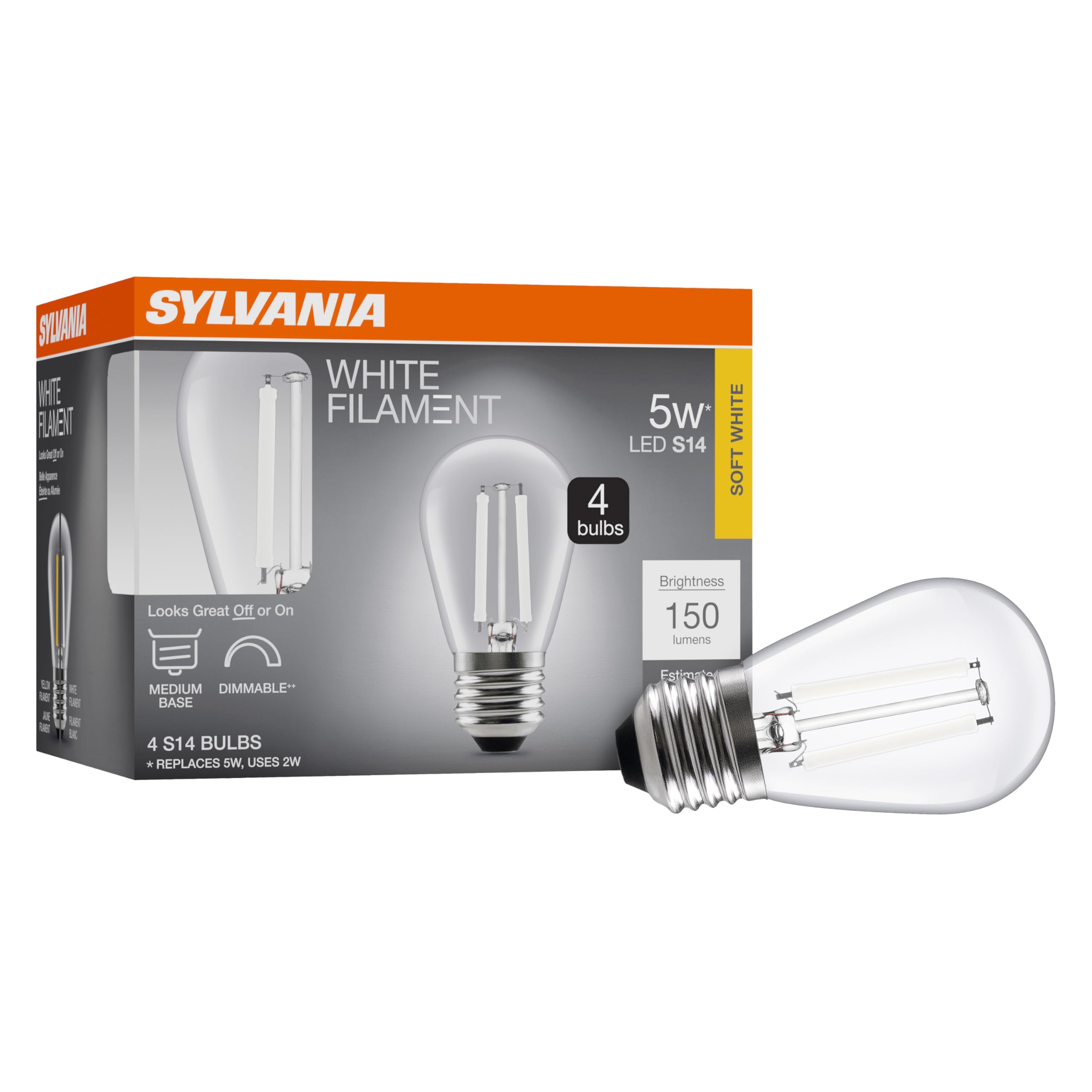 Sylvania S14 Clear Led White Filament Bulb, 2W, Dimmable, 150 Lms, Medium Base, 2700K, Soft White - 4 Pack (42269)