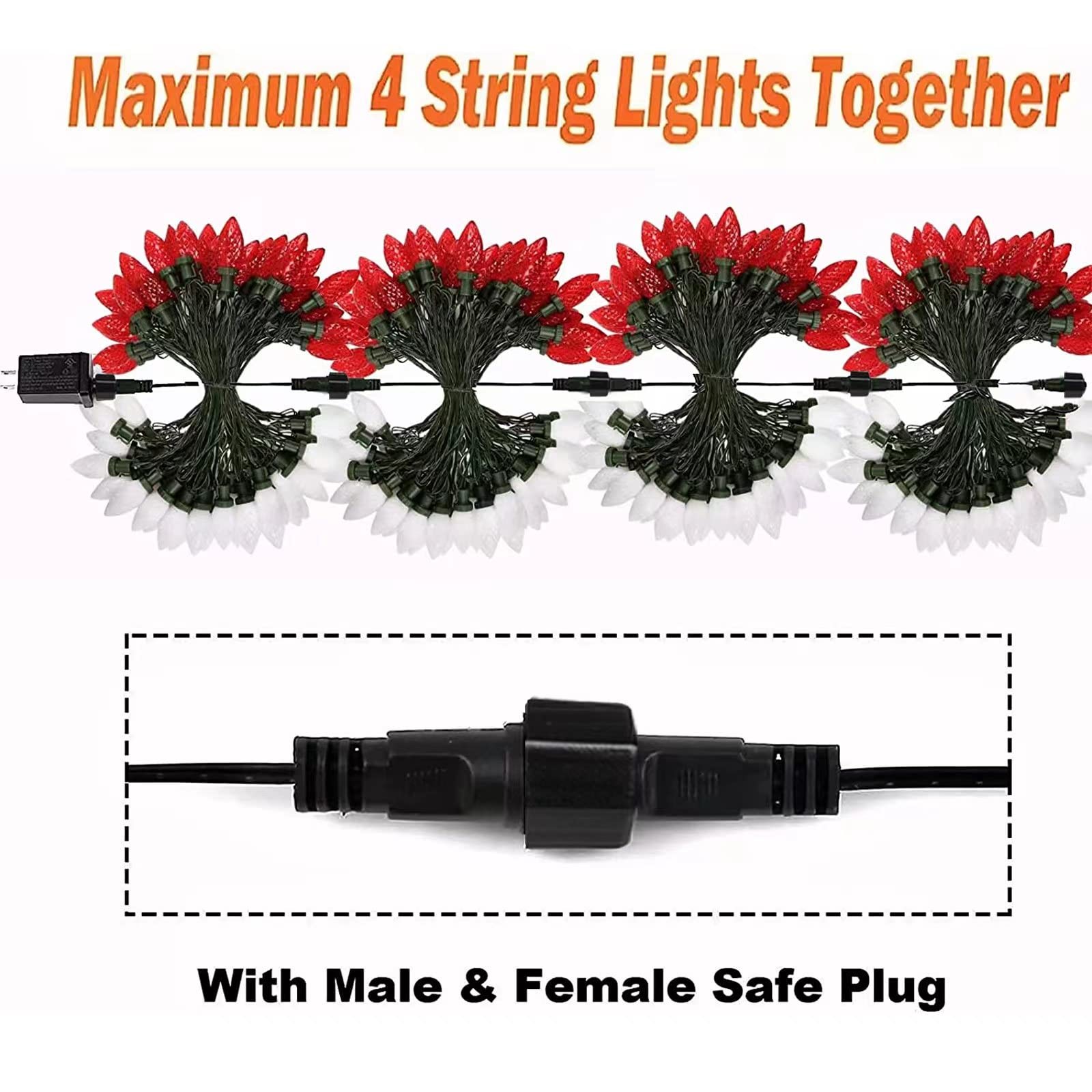 2-Pack Connectable Red And White C9 Christmas Led String Lights, Total 66 Ft 100 Led Christmas Lights Plug In With 29V Safe Adap