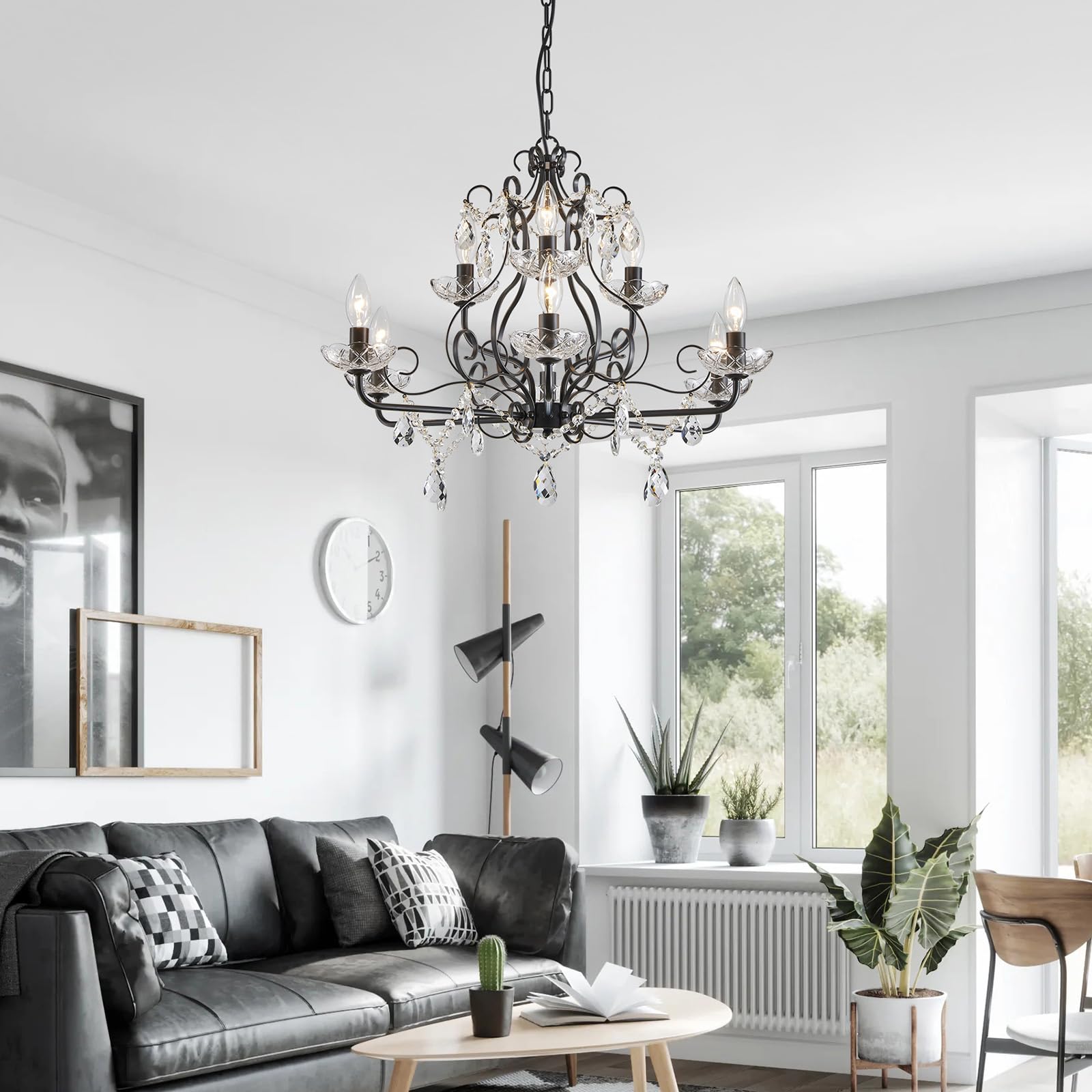 Wuzups 9-Light Crystal Candle Chandelier Pendant Flushmount Ceiling Light Modern Lighting Fixture For Bedroom Hallway Bar Kitchen Bathroom  H 18.1 X W 25.6  Black  E12 Base