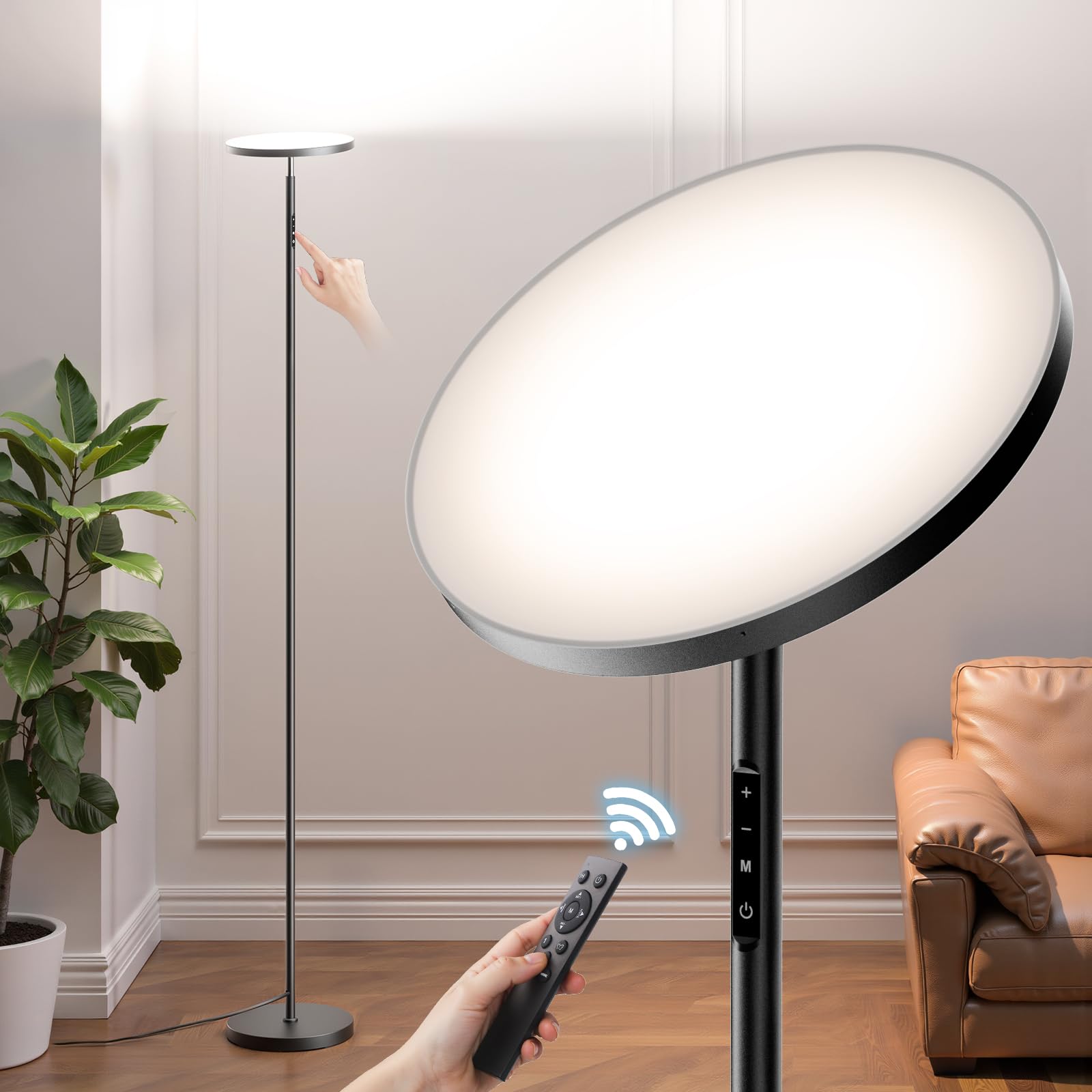 FULSUNT LED Floor Lamp, 30W/3200LM, Dimmable, 69in Tall, Metal, Black, Remote & Touch Control